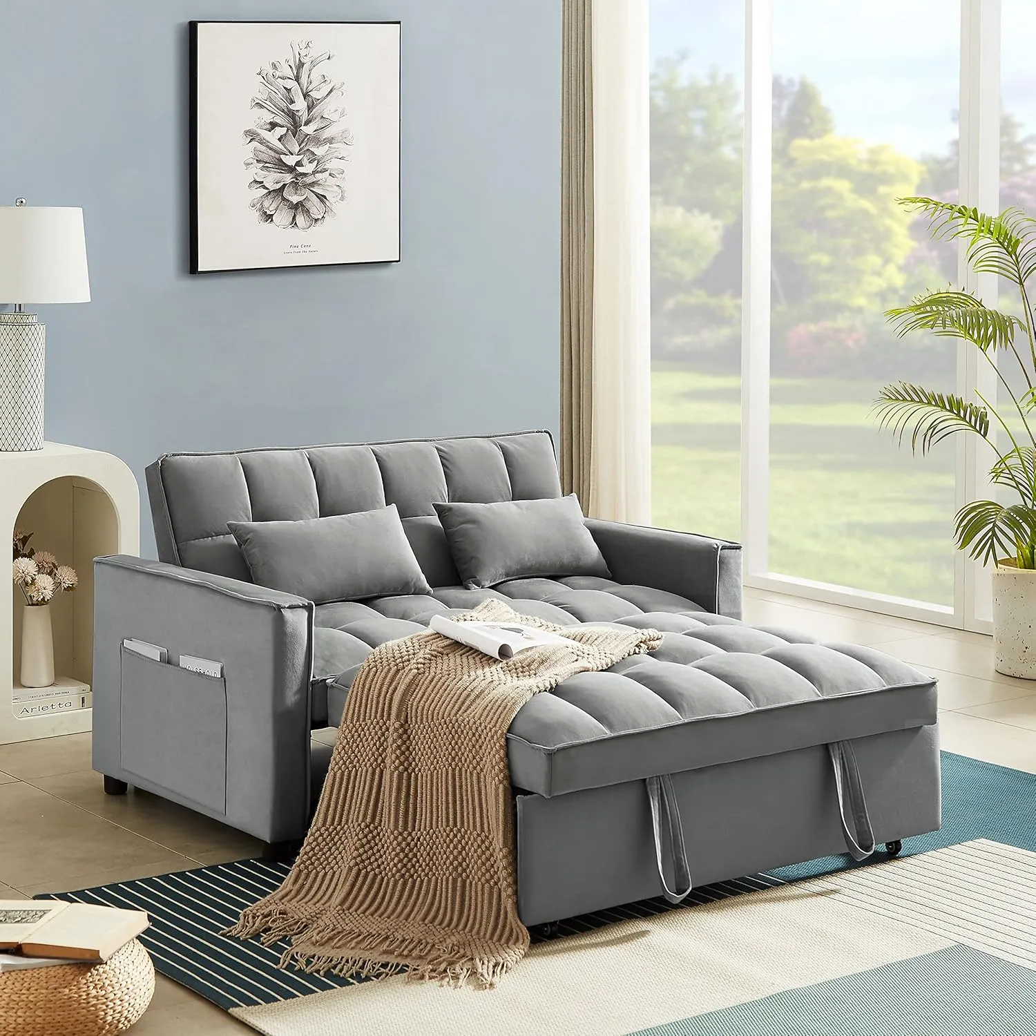 FANYE 3 in 1 Convertible Loveseat Sofabed with Pull Out Sleeper Couch Bed and 2 Pillows,Modern Love Seat Sleeper Sofabed Adjustable Backrest Lounge Chaise Daybed W/Side Pockets for Living Room