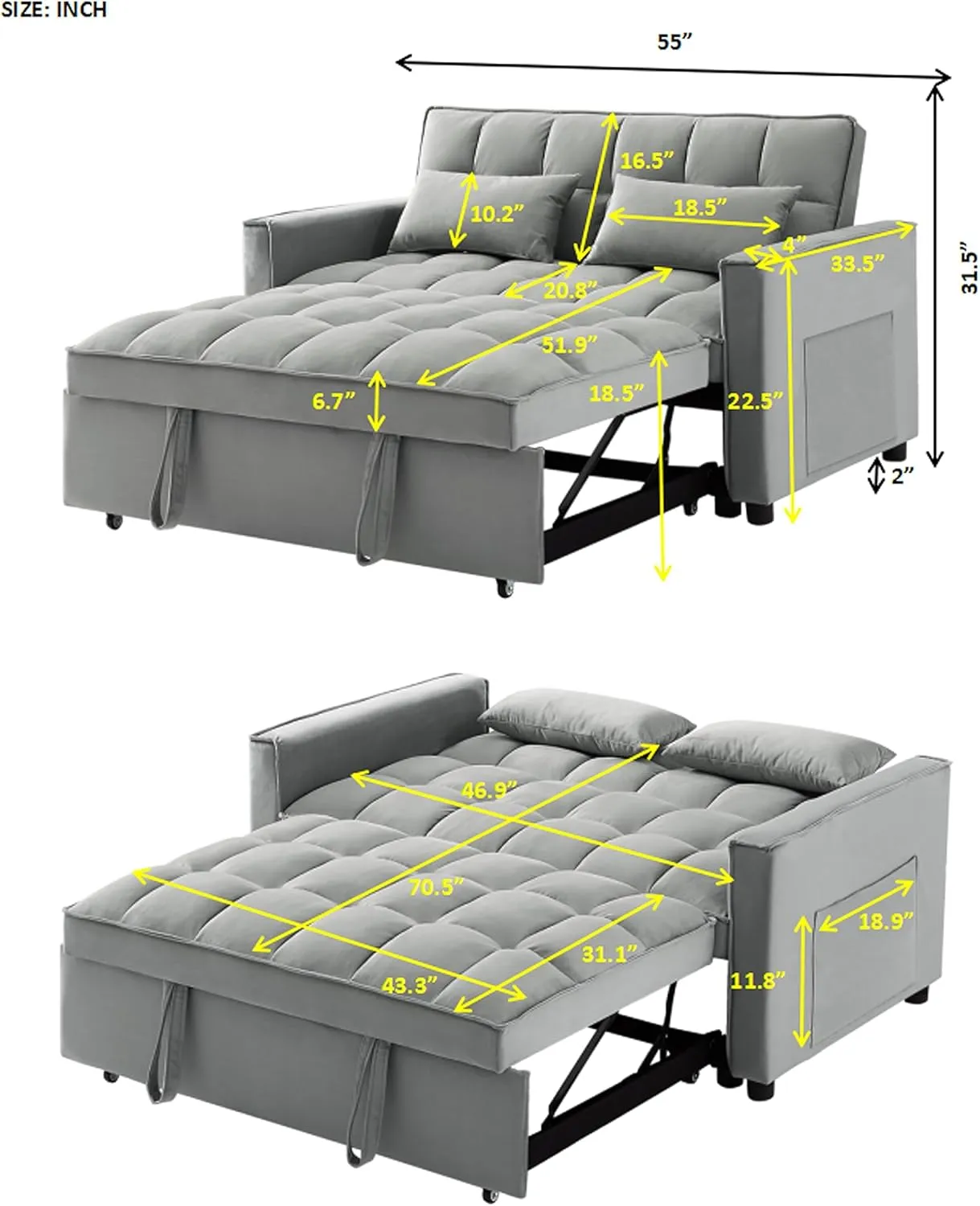 FANYE 3 in 1 Convertible Loveseat Sofabed with Pull Out Sleeper Couch Bed and 2 Pillows,Modern Love Seat Sleeper Sofabed Adjustable Backrest Lounge Chaise Daybed W/Side Pockets for Living Room