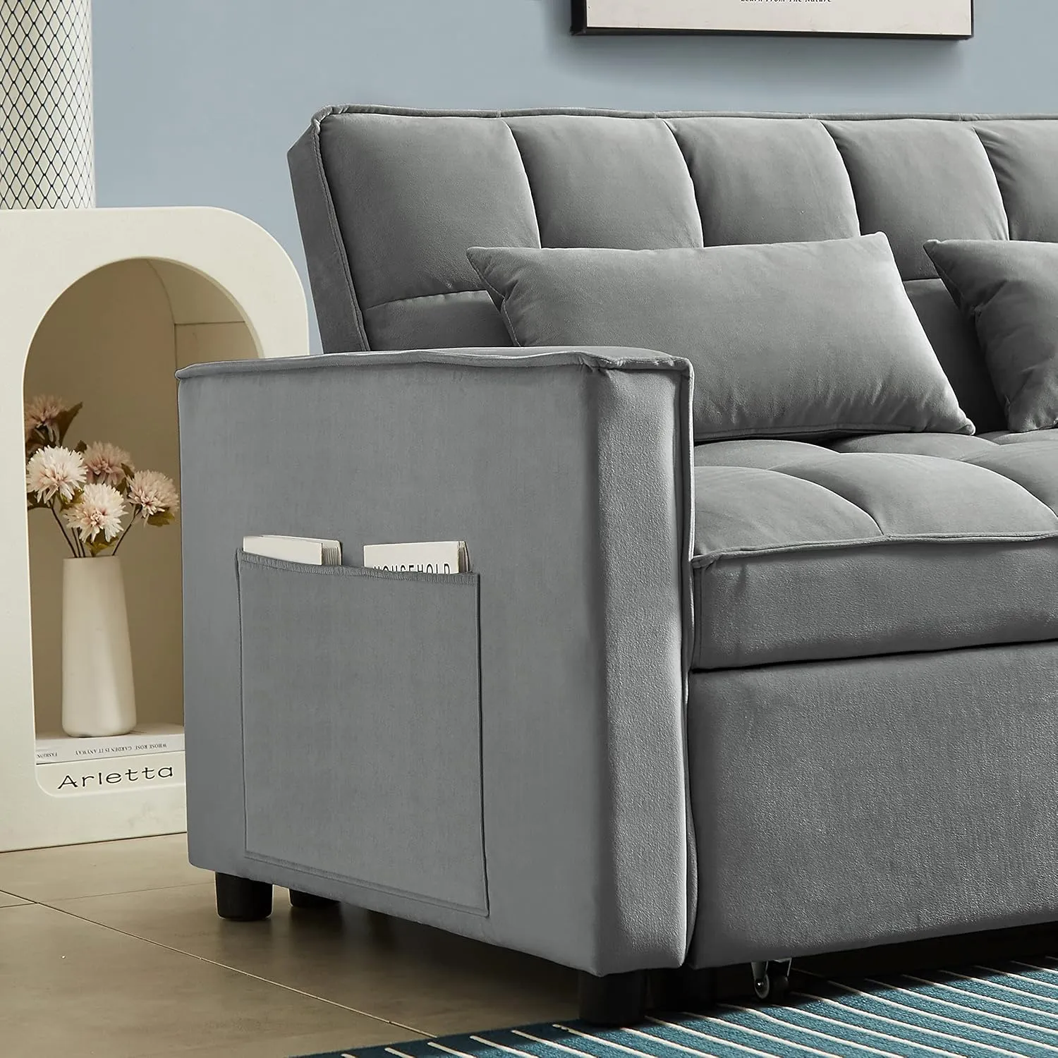 FANYE 3 in 1 Convertible Loveseat Sofabed with Pull Out Sleeper Couch Bed and 2 Pillows,Modern Love Seat Sleeper Sofabed Adjustable Backrest Lounge Chaise Daybed W/Side Pockets for Living Room