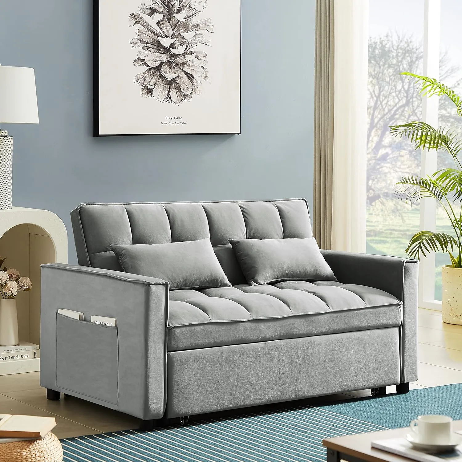 FANYE 3 in 1 Convertible Loveseat Sofabed with Pull Out Sleeper Couch Bed and 2 Pillows,Modern Love Seat Sleeper Sofabed Adjustable Backrest Lounge Chaise Daybed W/Side Pockets for Living Room