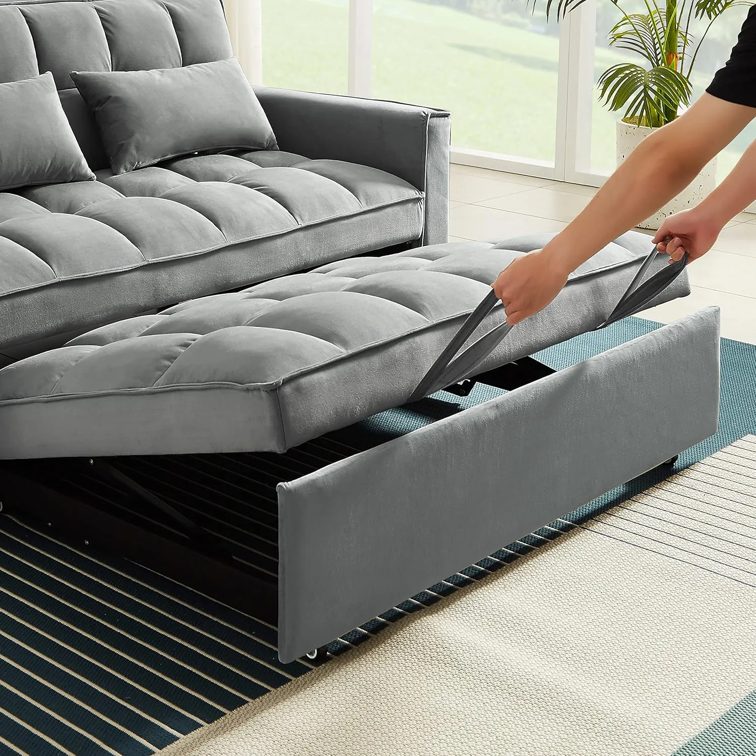 FANYE 3 in 1 Convertible Loveseat Sofabed with Pull Out Sleeper Couch Bed and 2 Pillows,Modern Love Seat Sleeper Sofabed Adjustable Backrest Lounge Chaise Daybed W/Side Pockets for Living Room