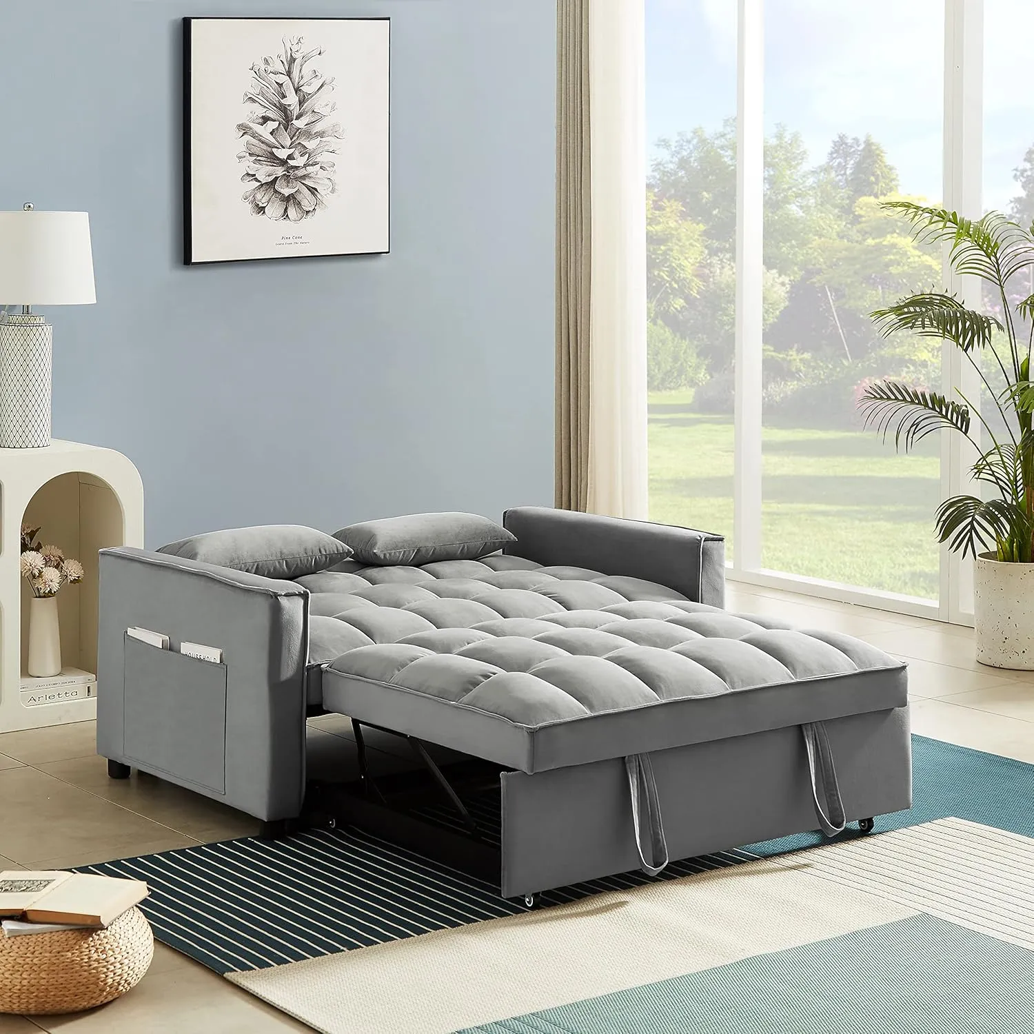 FANYE 3 in 1 Convertible Loveseat Sofabed with Pull Out Sleeper Couch Bed and 2 Pillows,Modern Love Seat Sleeper Sofabed Adjustable Backrest Lounge Chaise Daybed W/Side Pockets for Living Room