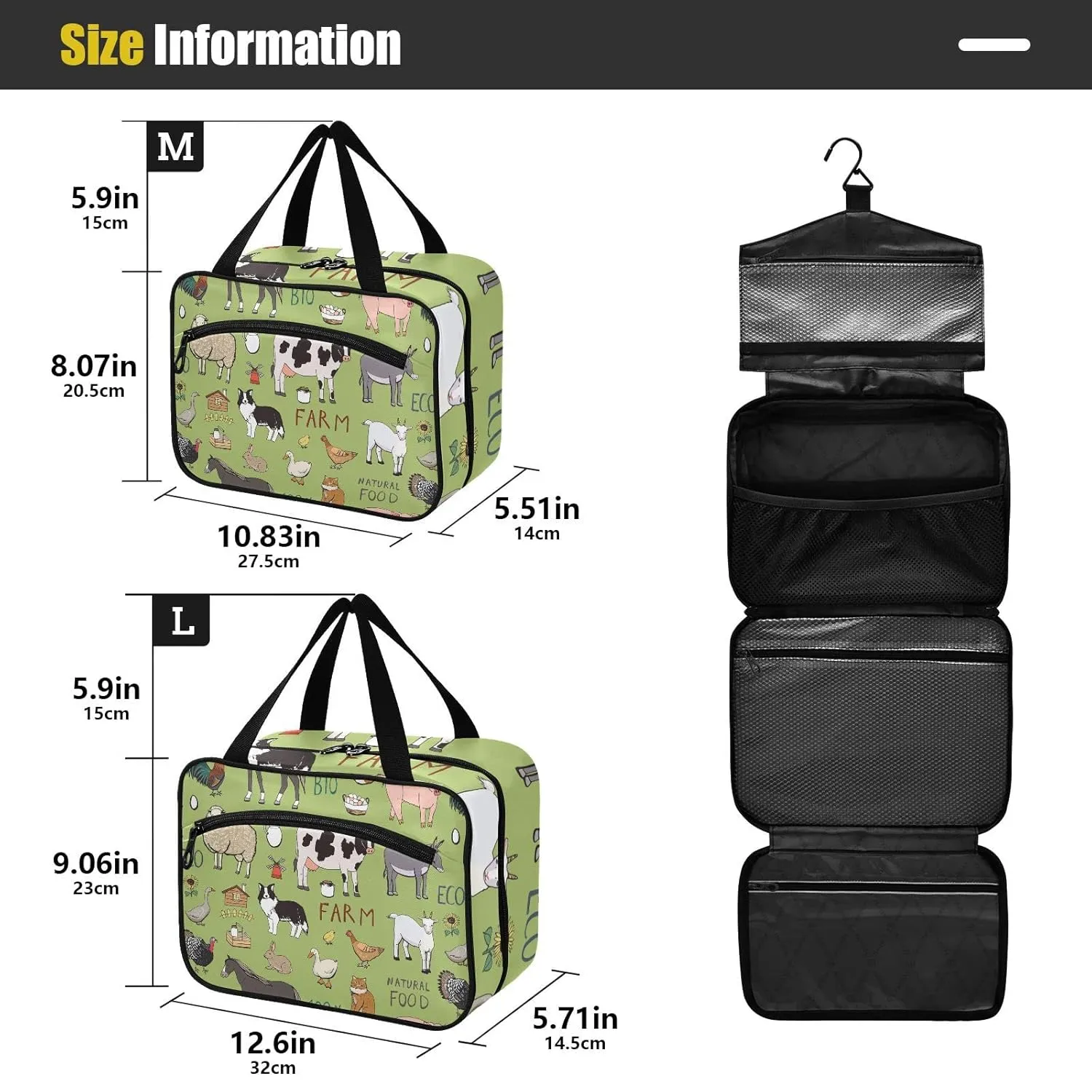Farm Rooster Milk Cow Donkey Pig Sheep Cat Dog Rabbit on Green 1 PC Hanging Travel Wash bag with Handles, Portable Makeup Organizer Brush Storage Case Portable Travel Cosmetic with Hook M