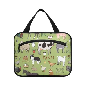 Farm Rooster Milk Cow Donkey Pig Sheep Cat Dog Rabbit on Green 1 PC Hanging Travel Wash bag with Handles, Portable Makeup Organizer Brush Storage Case Portable Travel Cosmetic with Hook M