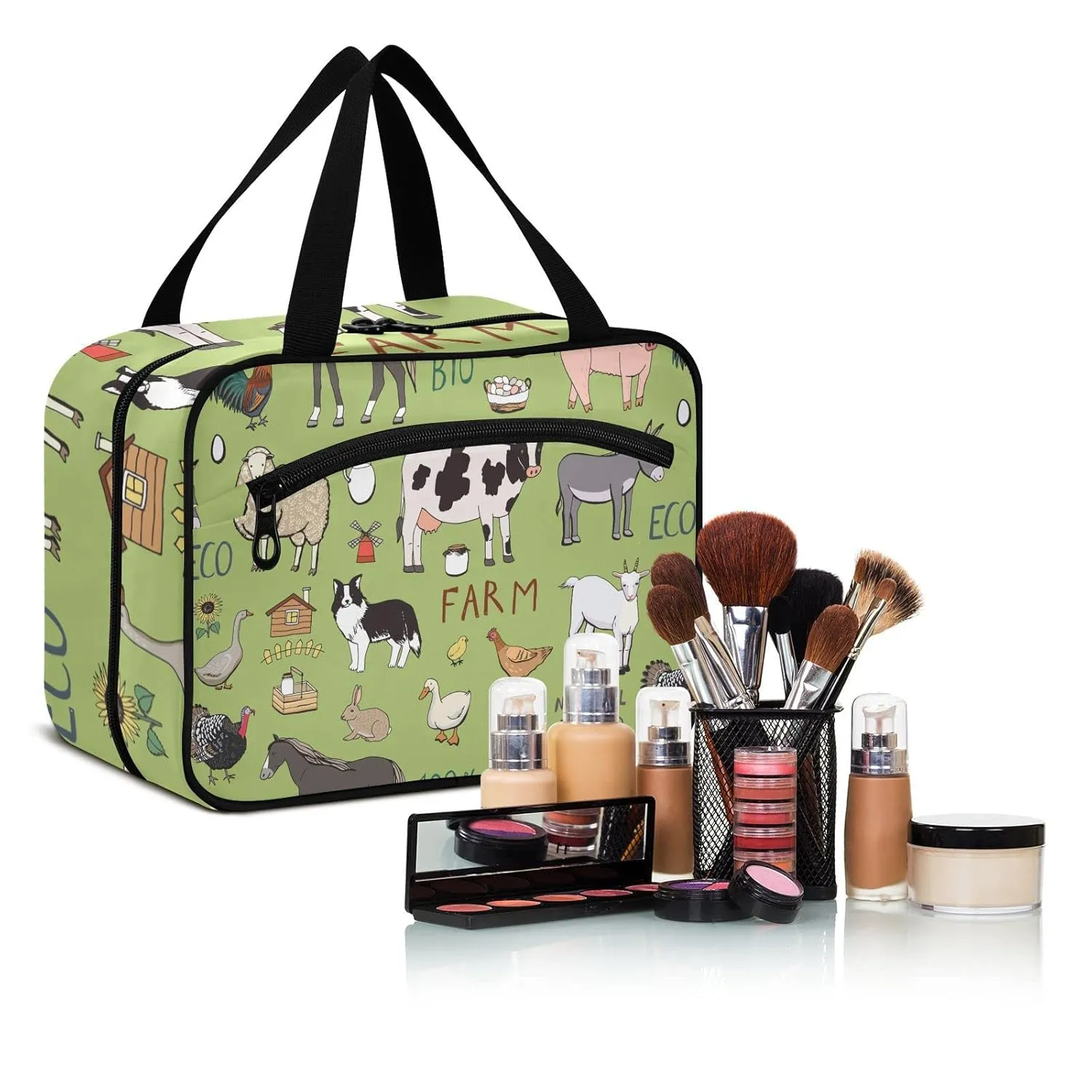 Farm Rooster Milk Cow Donkey Pig Sheep Cat Dog Rabbit on Green 1 PC Hanging Travel Wash bag with Handles, Portable Makeup Organizer Brush Storage Case Portable Travel Cosmetic with Hook M