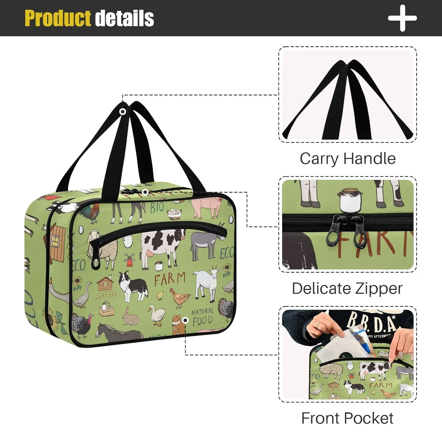Farm Rooster Milk Cow Donkey Pig Sheep Cat Dog Rabbit on Green 1 PC Hanging Travel Wash bag with Handles, Portable Makeup Organizer Brush Storage Case Portable Travel Cosmetic with Hook M
