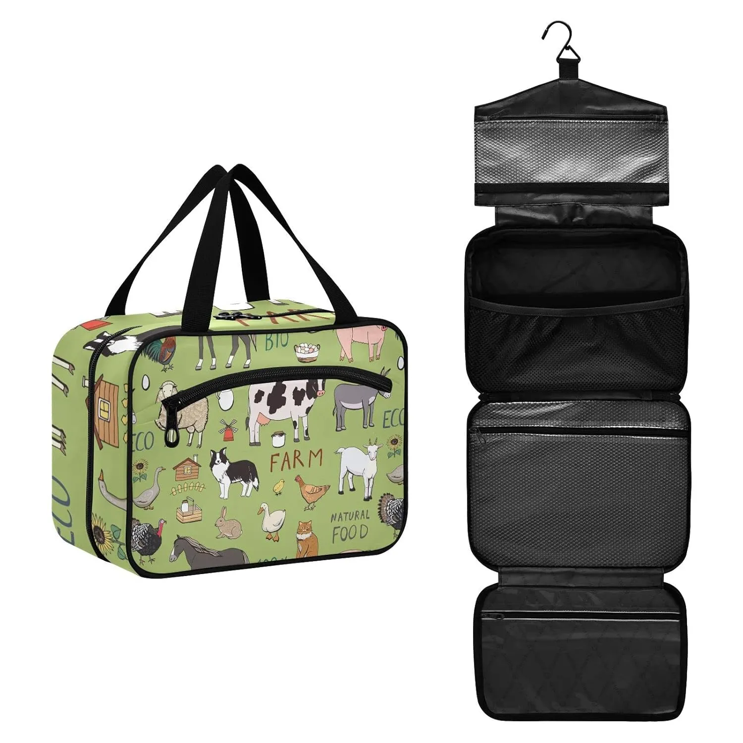 Farm Rooster Milk Cow Donkey Pig Sheep Cat Dog Rabbit on Green 1 PC Hanging Travel Wash bag with Handles, Portable Makeup Organizer Brush Storage Case Portable Travel Cosmetic with Hook M
