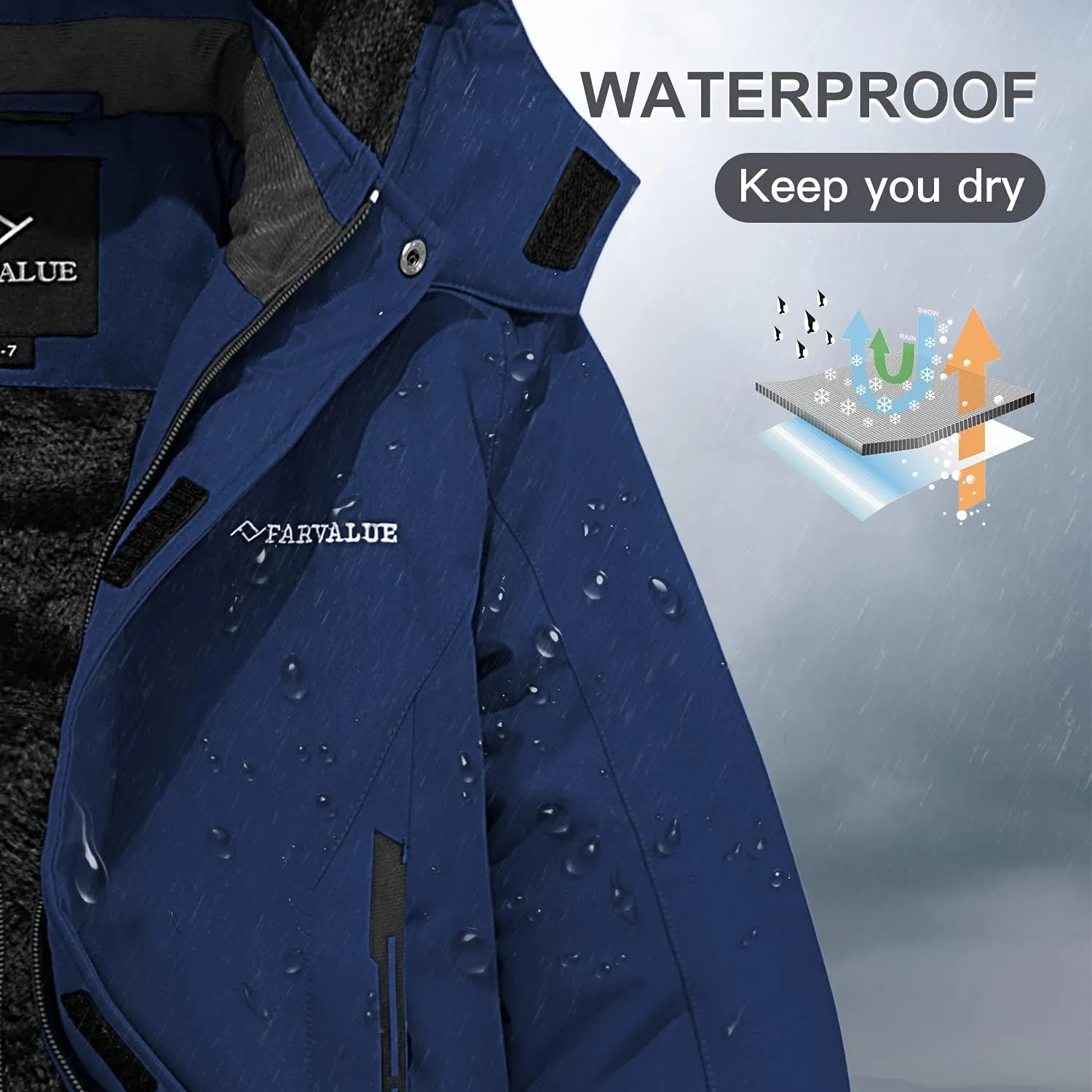FARVALUE Boys Waterproof Ski Jacket Windproof Winter Coat Warm Snow Coat Outdoor Raincoats with Removable Hood