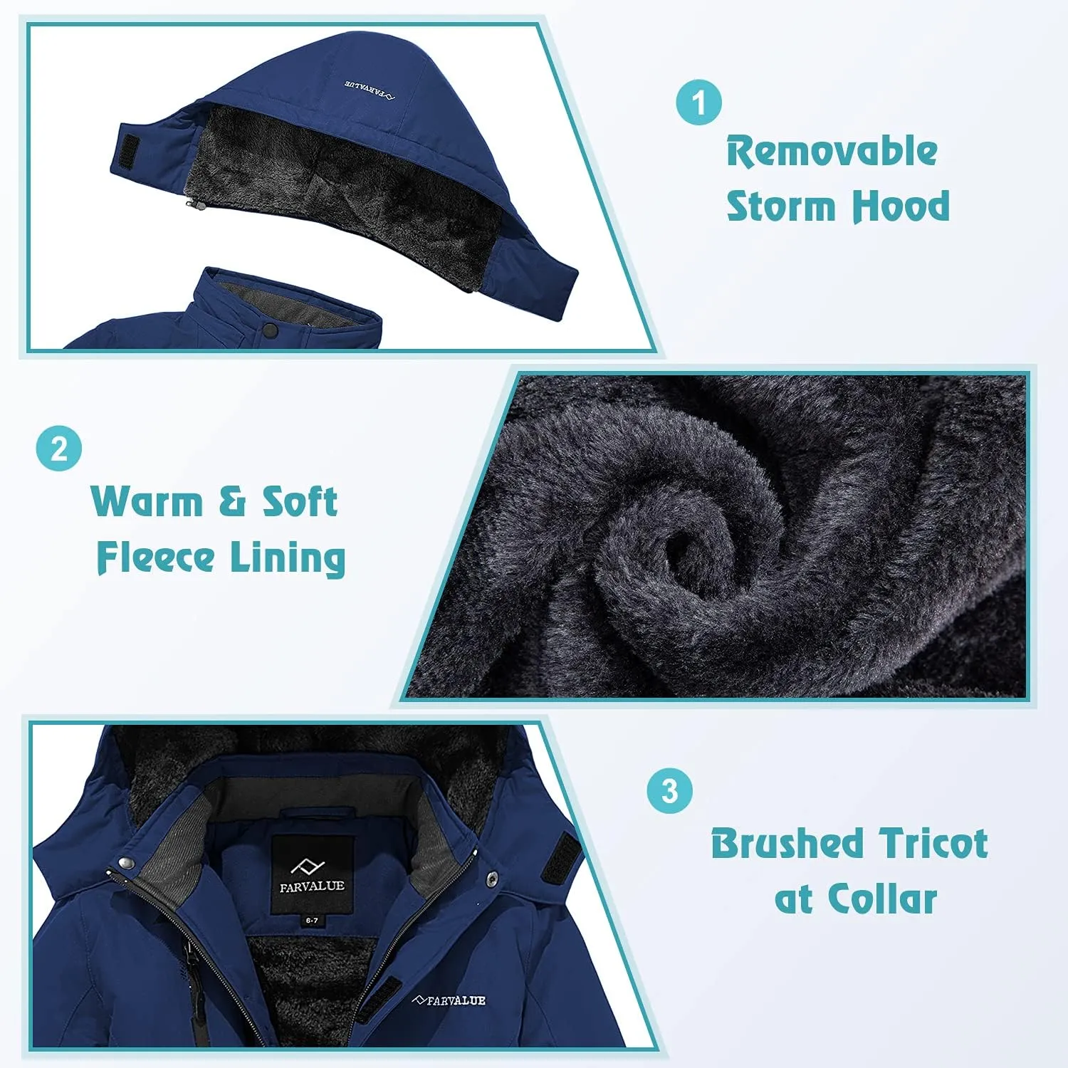 FARVALUE Boys Waterproof Ski Jacket Windproof Winter Coat Warm Snow Coat Outdoor Raincoats with Removable Hood