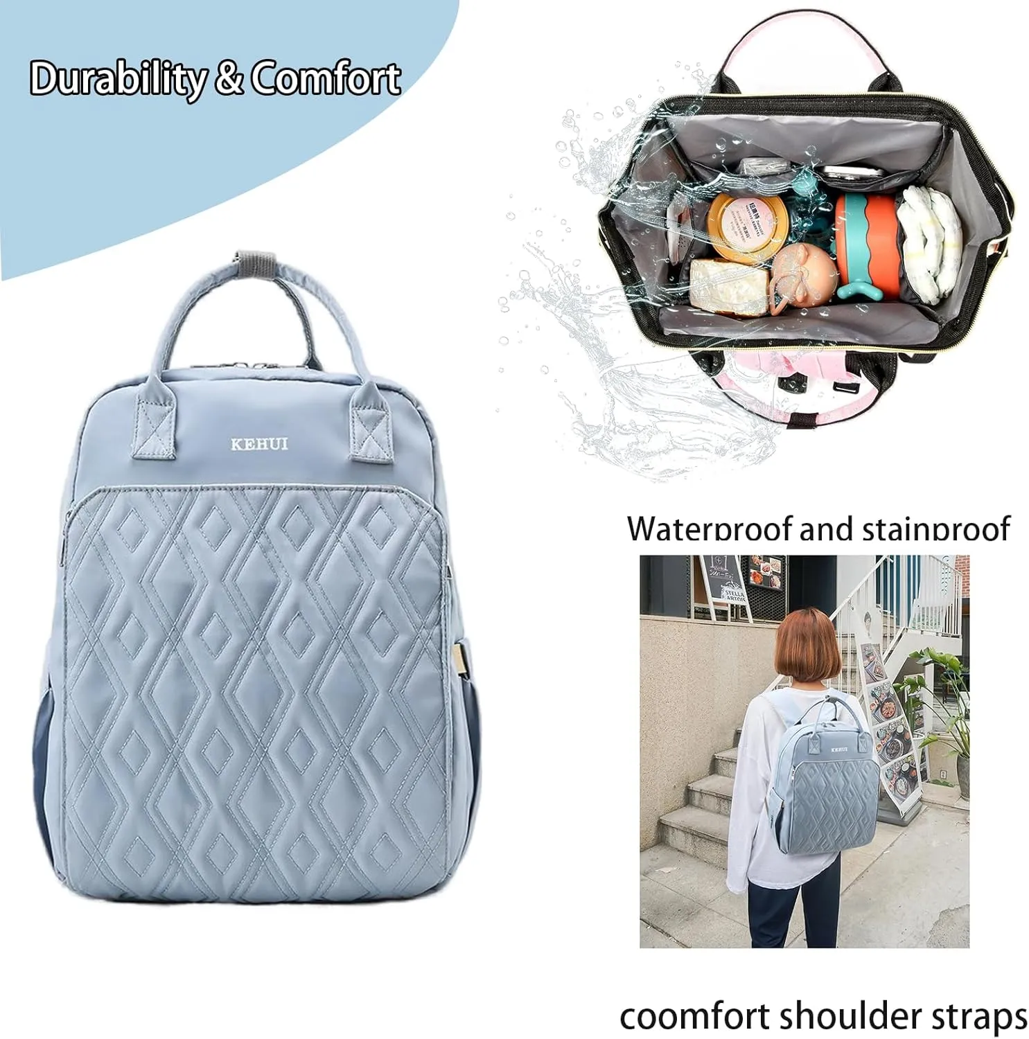 Fashion Diaper Backpack Waterproof Mommy Bag, Large Capacity Diaper Bag Travel Multi-functional Backpack Baby Boy Girl (Blue 3)