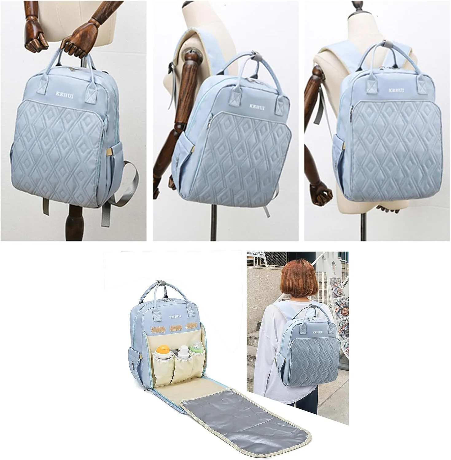 Fashion Diaper Backpack Waterproof Mommy Bag, Large Capacity Diaper Bag Travel Multi-functional Backpack Baby Boy Girl (Blue 3)