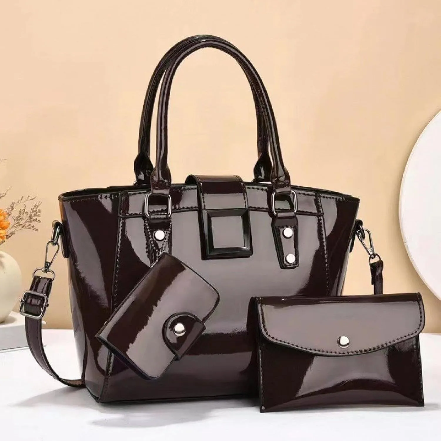 Fashionable three-piece shiny leather large-capacity foreign style shoulder bag