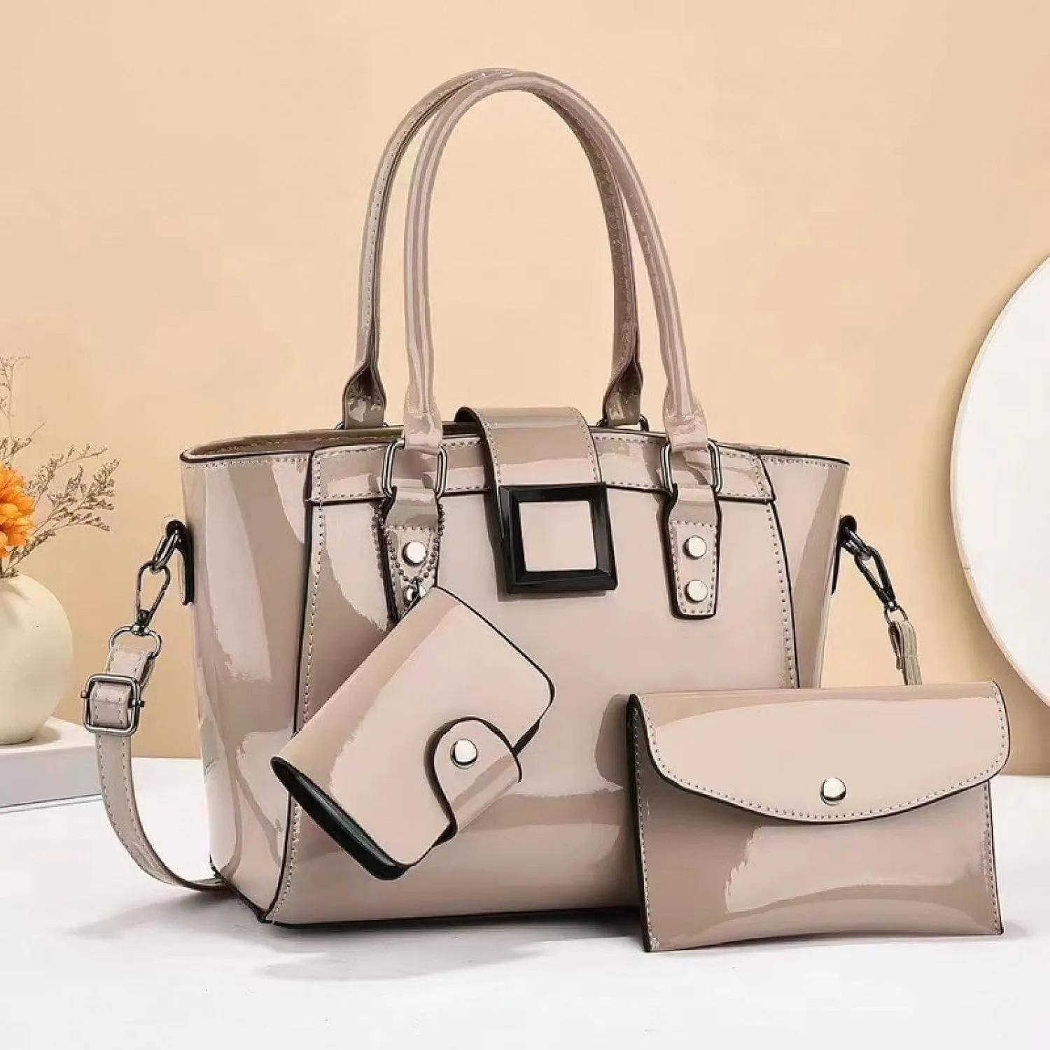 Fashionable three-piece shiny leather large-capacity foreign style shoulder bag