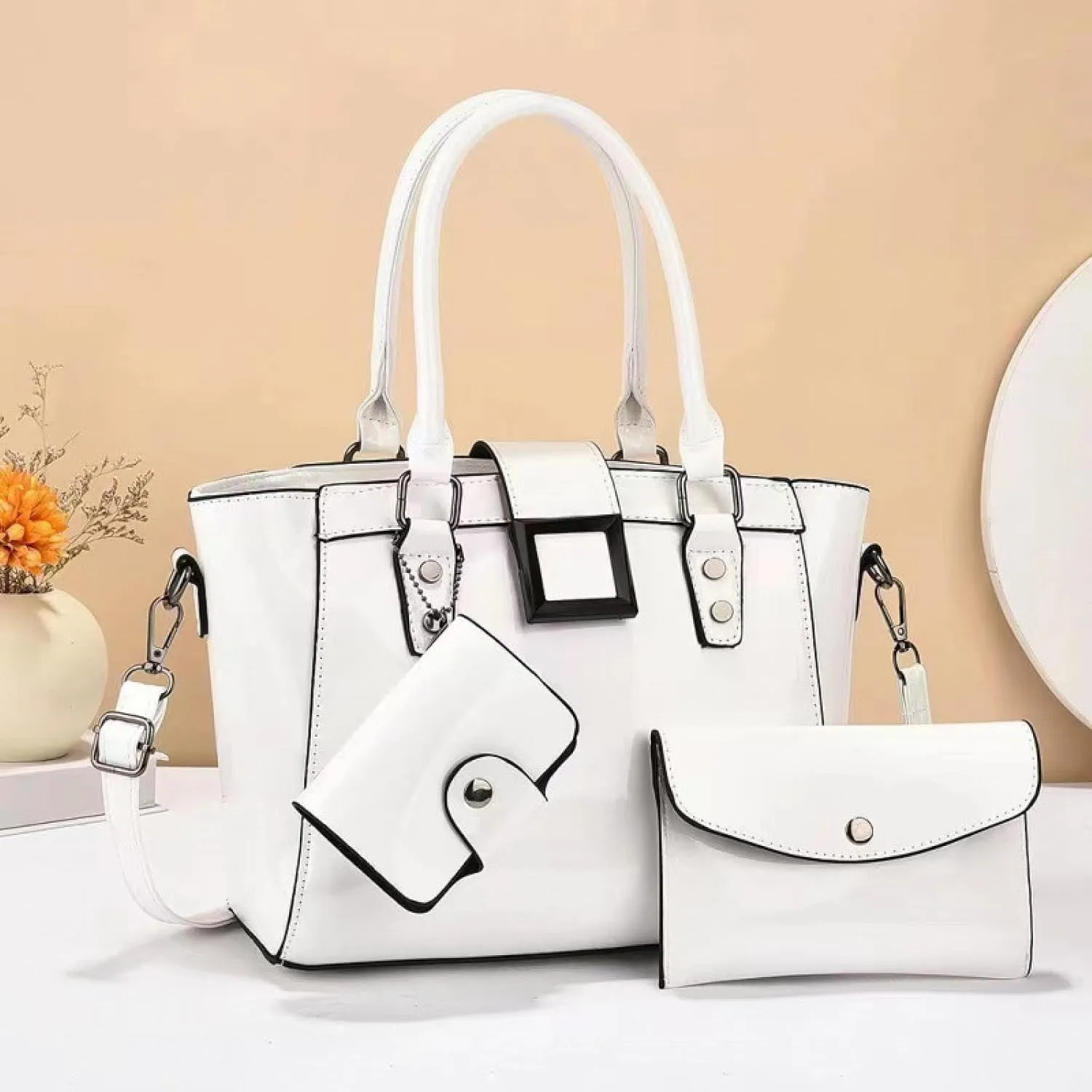 Fashionable three-piece shiny leather large-capacity foreign style shoulder bag