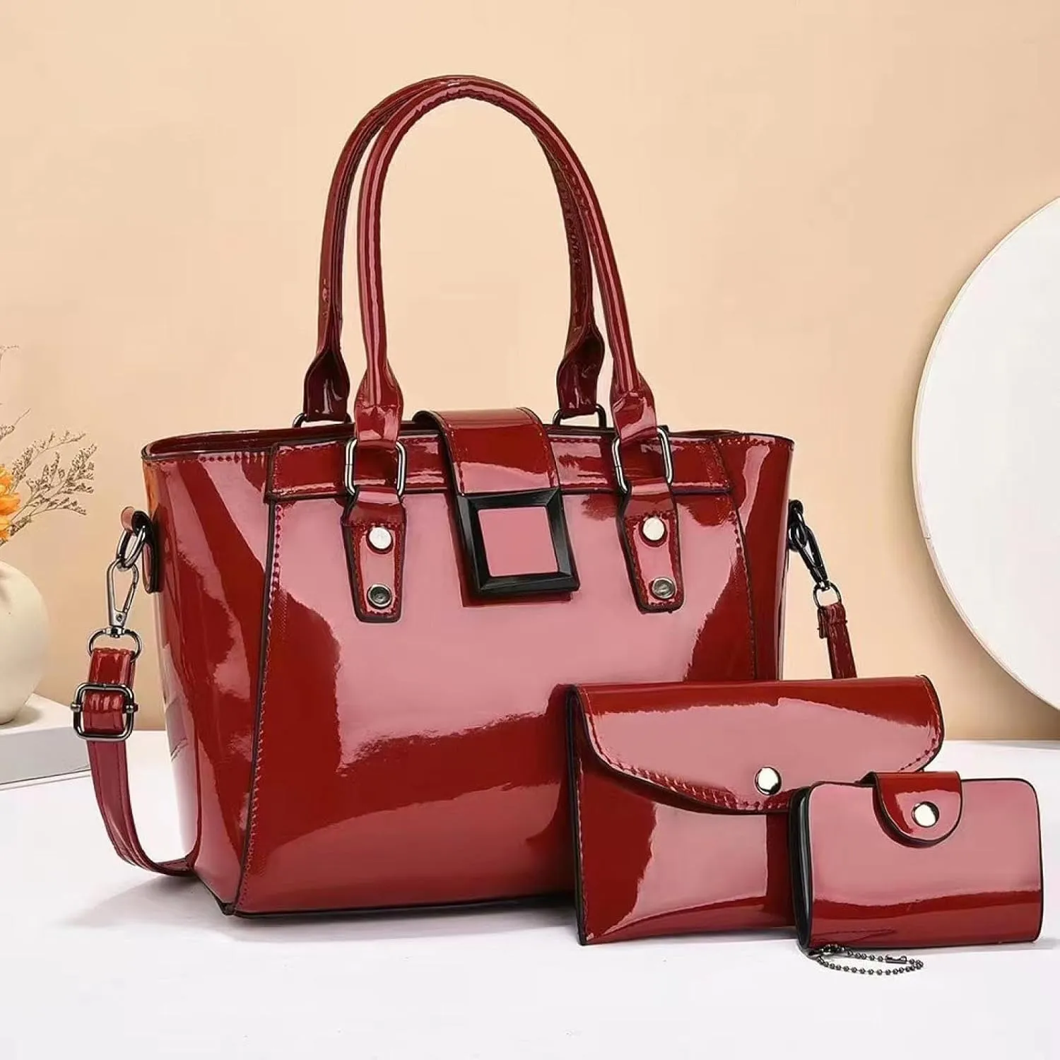 Fashionable three-piece shiny leather large-capacity foreign style shoulder bag