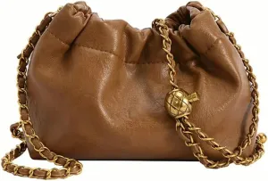 Faux Leather Hobo Bag with Chain Strap, Brown Pleated Crossbody Purse, Gold Hardware Shoulder Bag