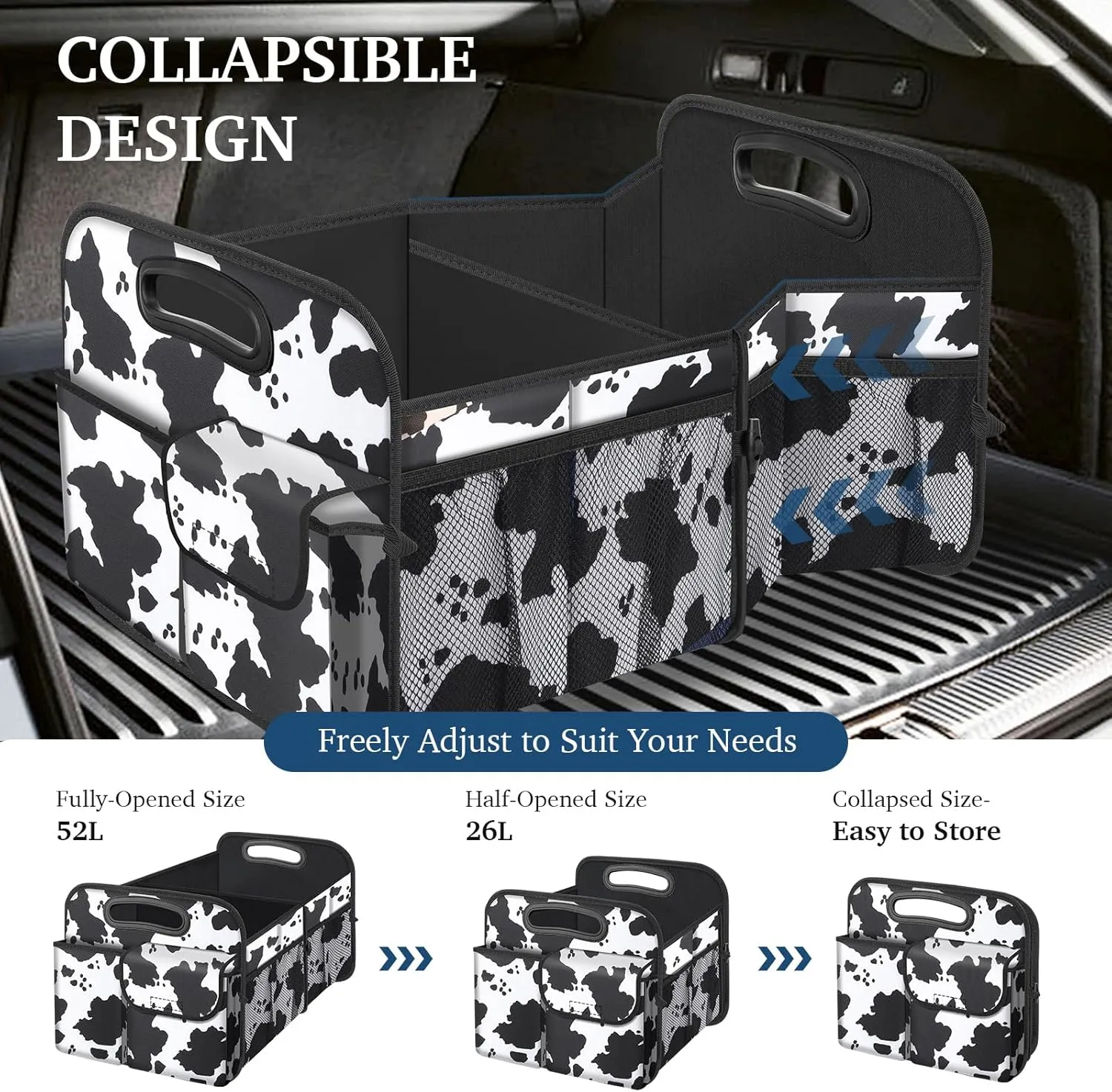 Femuar Car Trunk Organizer, Cow Print, Vintage Style, 52L Capacity, 4 Compartments, Waterproof, Non-Slip, Collapsible, 22.5"D x 18"W x 10.8"H
