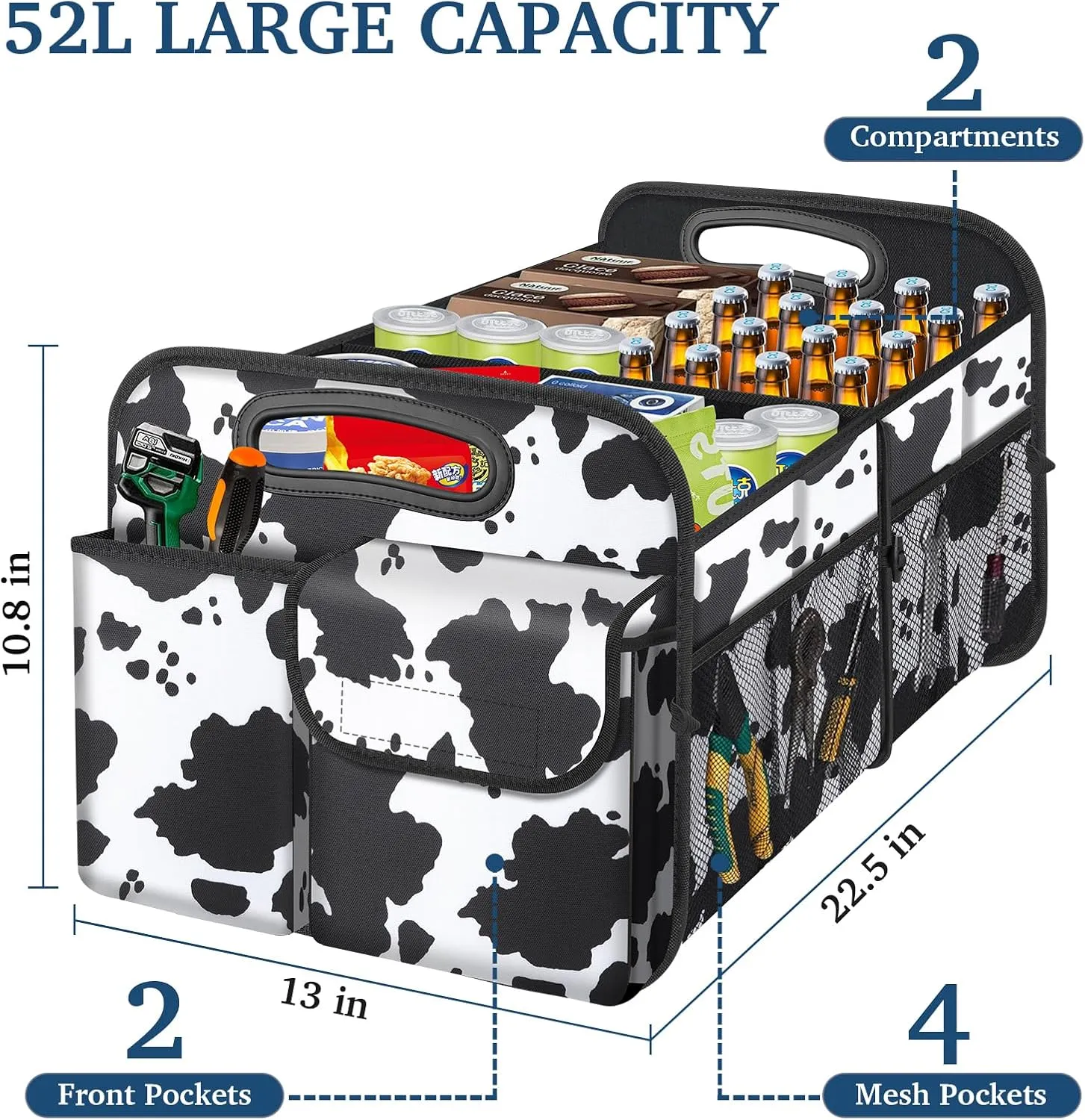 Femuar Car Trunk Organizer, Cow Print, Vintage Style, 52L Capacity, 4 Compartments, Waterproof, Non-Slip, Collapsible, 22.5"D x 18"W x 10.8"H