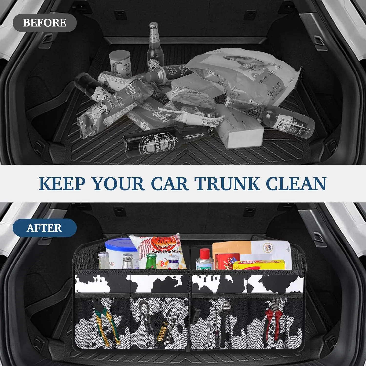Femuar Car Trunk Organizer, Cow Print, Vintage Style, 52L Capacity, 4 Compartments, Waterproof, Non-Slip, Collapsible, 22.5"D x 18"W x 10.8"H