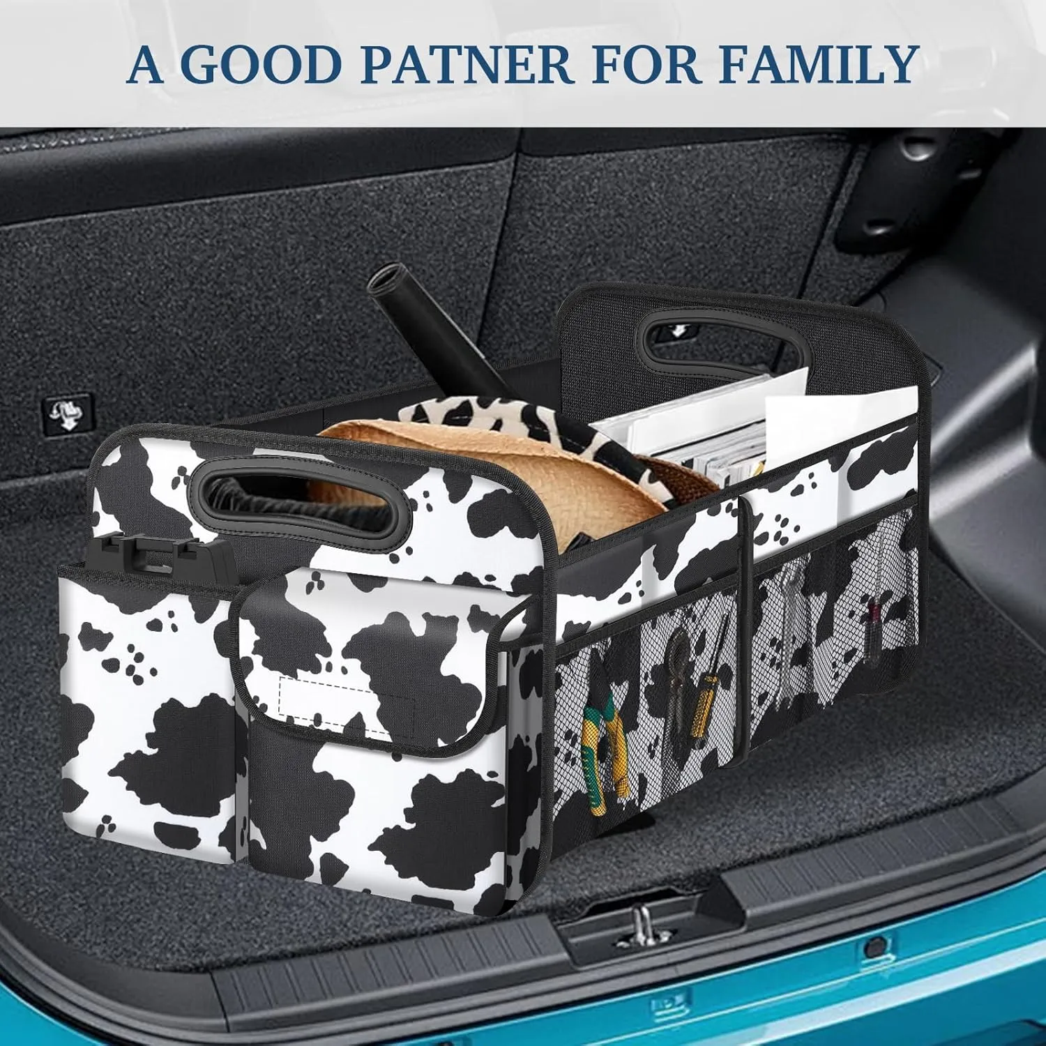 Femuar Car Trunk Organizer, Cow Print, Vintage Style, 52L Capacity, 4 Compartments, Waterproof, Non-Slip, Collapsible, 22.5"D x 18"W x 10.8"H