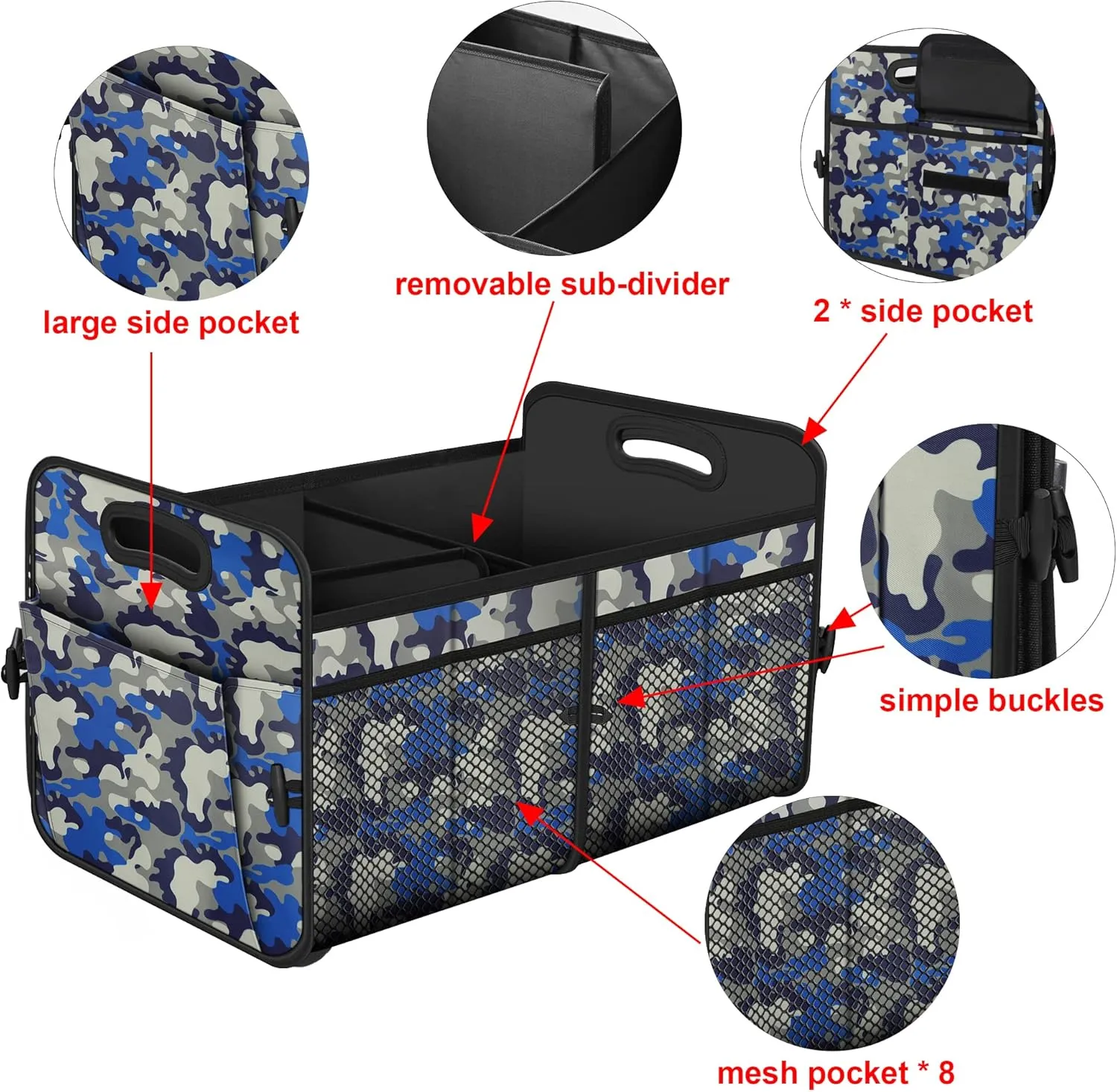 Femuar Car Trunk Organizer with 72L Large Capacity Waterproof Collapsible and 11 Pockets, Trunk Organizer for Car SUV/Jeep/Sedan, Large Size, Blue Camouflage