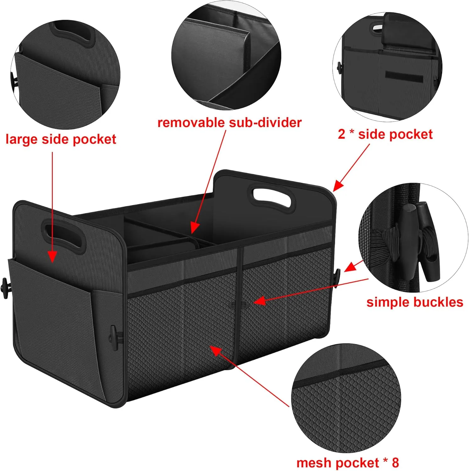 Femuar Car Trunk Organizer with 72L Large Capacity Waterproof Collapsible and 11 Pockets, Trunk Organizer for Car SUV/Jeep/Sedan, Large Size, Grey