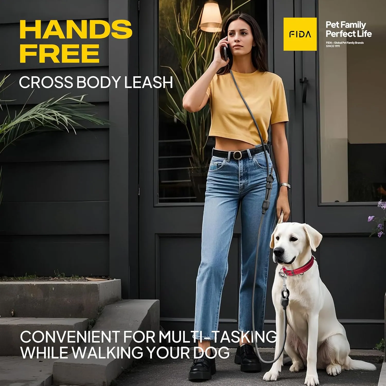 Fida Hands Free Dog Leash for Large Dogs Heavy Duty, Adjustable Crossbody/Waist Leash for Small/Medium/Large Dogs, Waterproof Hands-Free Dog Leashes for Running, Walking & Training(L, Black)