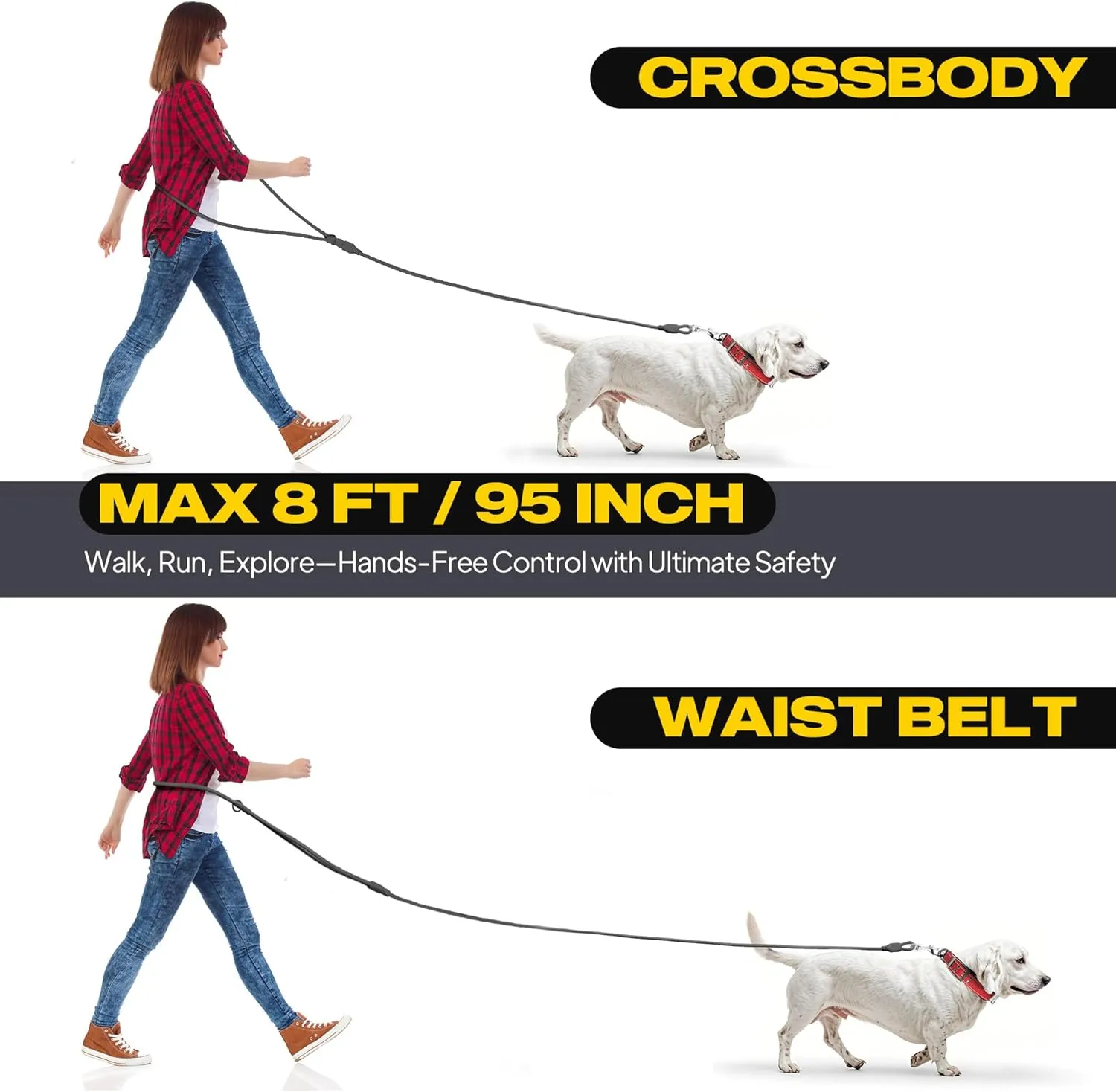 Fida Hands Free Dog Leash for Large Dogs Heavy Duty, Adjustable Crossbody/Waist Leash for Small/Medium/Large Dogs, Waterproof Hands-Free Dog Leashes for Running, Walking & Training(L, Black)