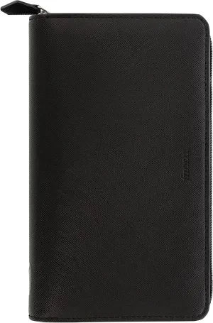 Filofax Saffiano Zip Organizer, Personal Compact Size, Black - Cross-Grain, Leather-Look, Six Rings, Week-to-View Calendar Diary, Multilingual, 2025 (C028775-25)