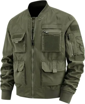 Finelylove Mens Military Tactical Jacket Cargo Flight Bomber Jacket Waterproof Nylon Windbreaker with Multi Pockets