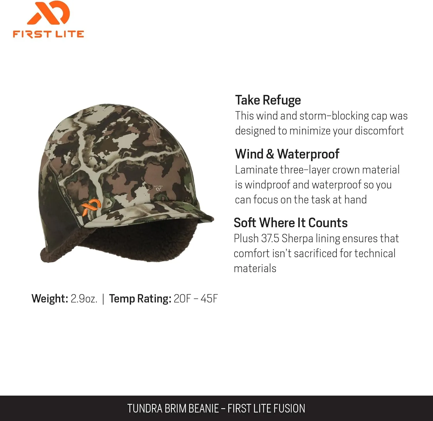 First Lite Tundra Brim Beanie - Warm Fleece Camo Hunting Hat
