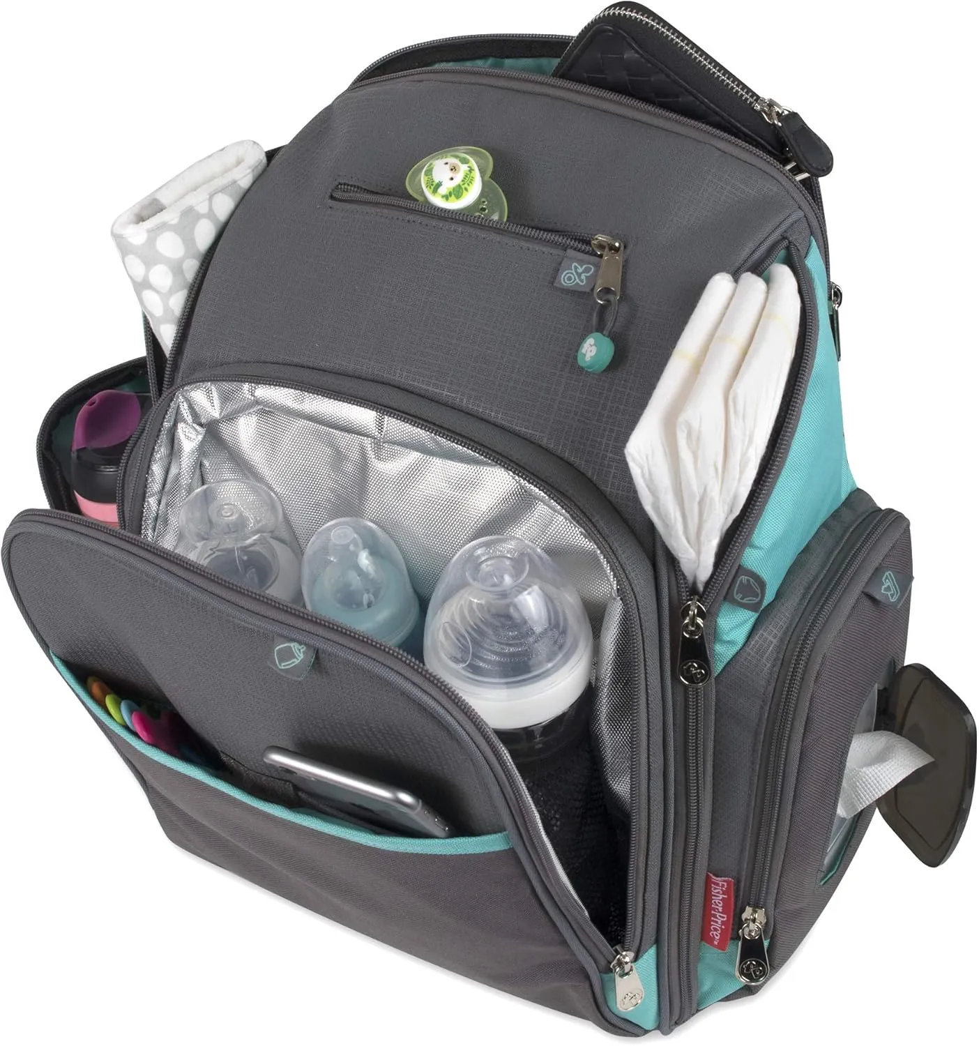 Fisher-Price Large Multi-Pocket Multifunction Kaden Baby Diaper Bag Backpack for Infant Boys & Girls (Aqua)