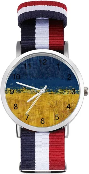 Flag of Ukraine Weaving Pattern Unisex Watch Lightweight Breathable Woven Nylon Wrist Strap Watch with Metal Buckle