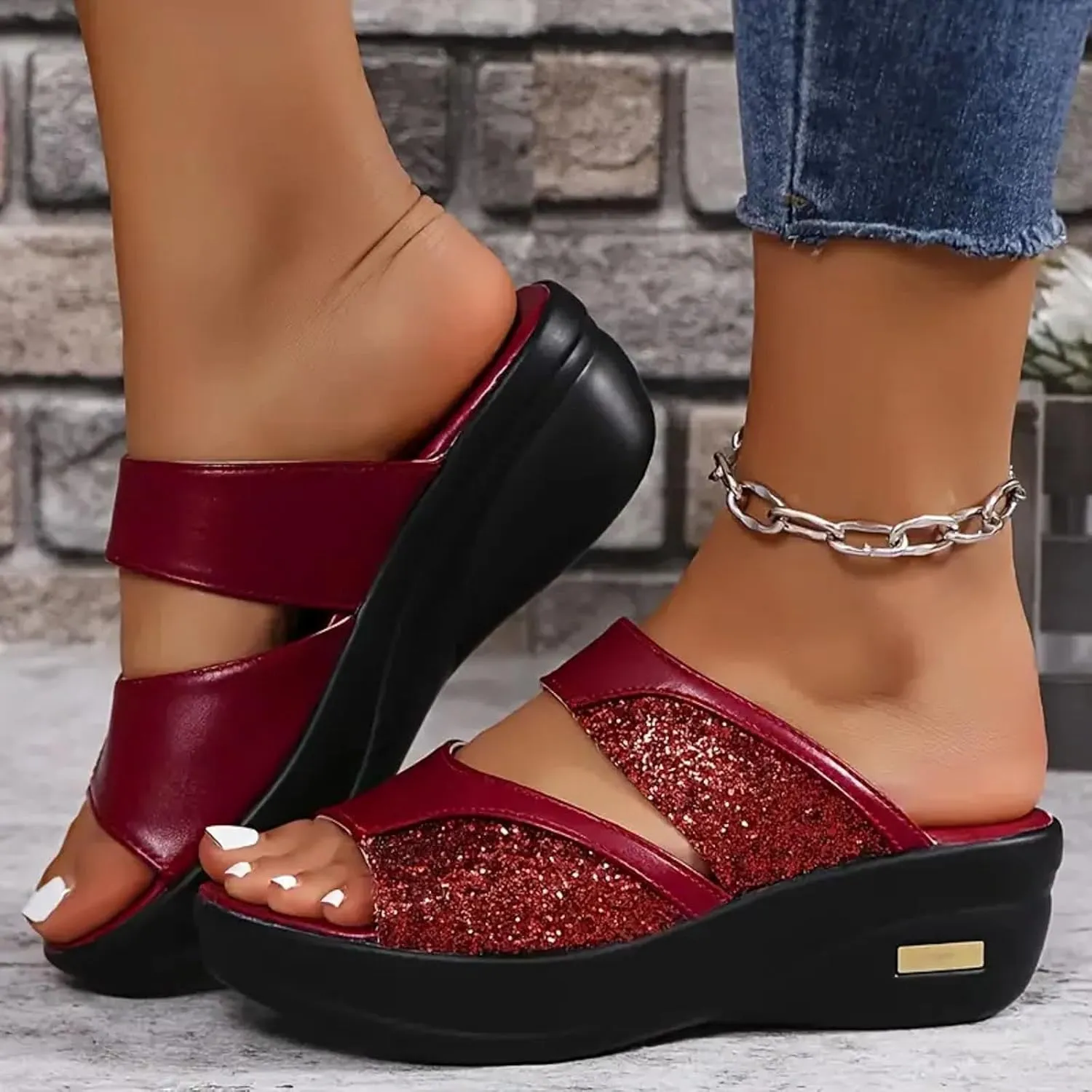 Flatform Open Toe Beach Sandals Women's Thick Soled Slippers Fashionable And Casual Shiny Fish Mouth Strap Slingback