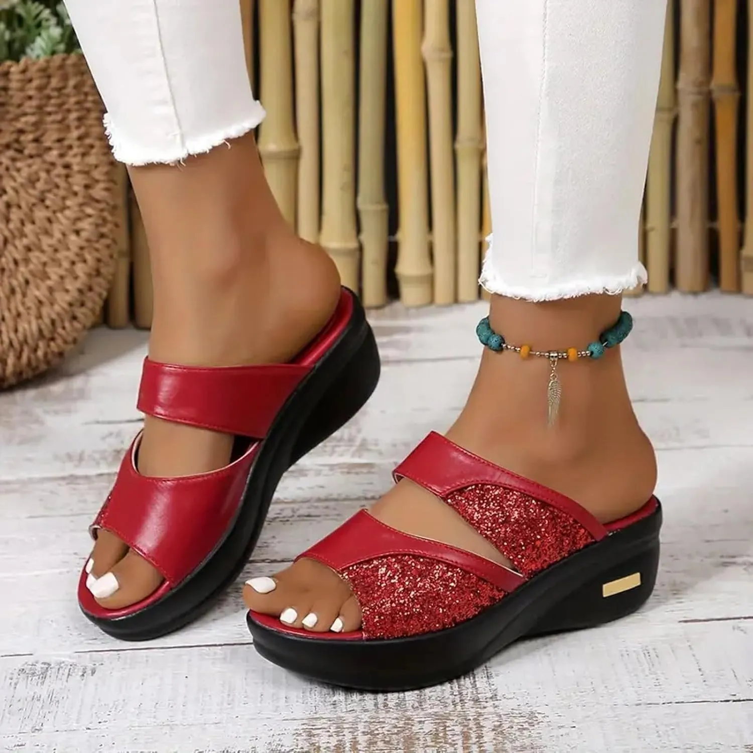 Flatform Open Toe Beach Sandals Women's Thick Soled Slippers Fashionable And Casual Shiny Fish Mouth Strap Slingback