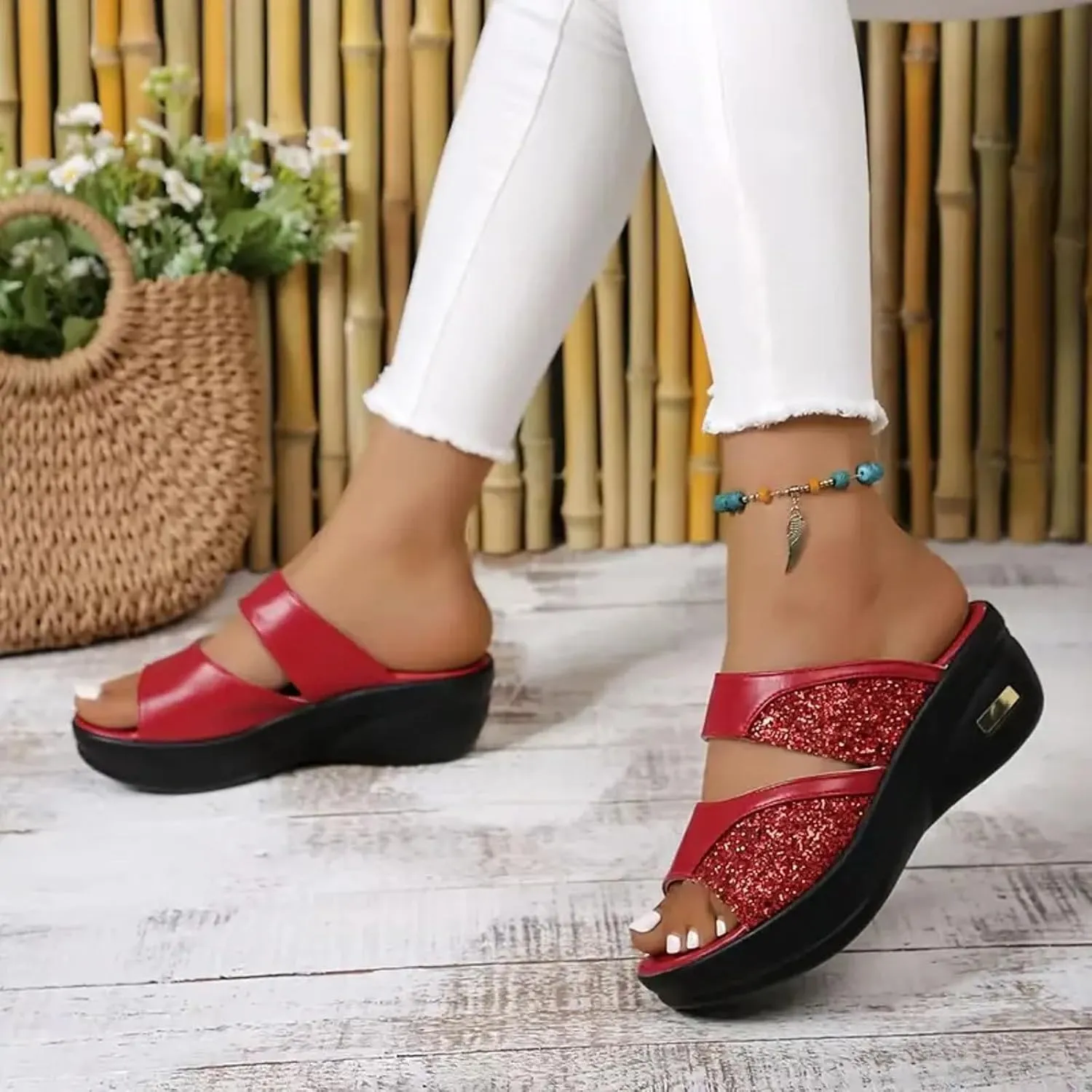 Flatform Open Toe Beach Sandals Women's Thick Soled Slippers Fashionable And Casual Shiny Fish Mouth Strap Slingback
