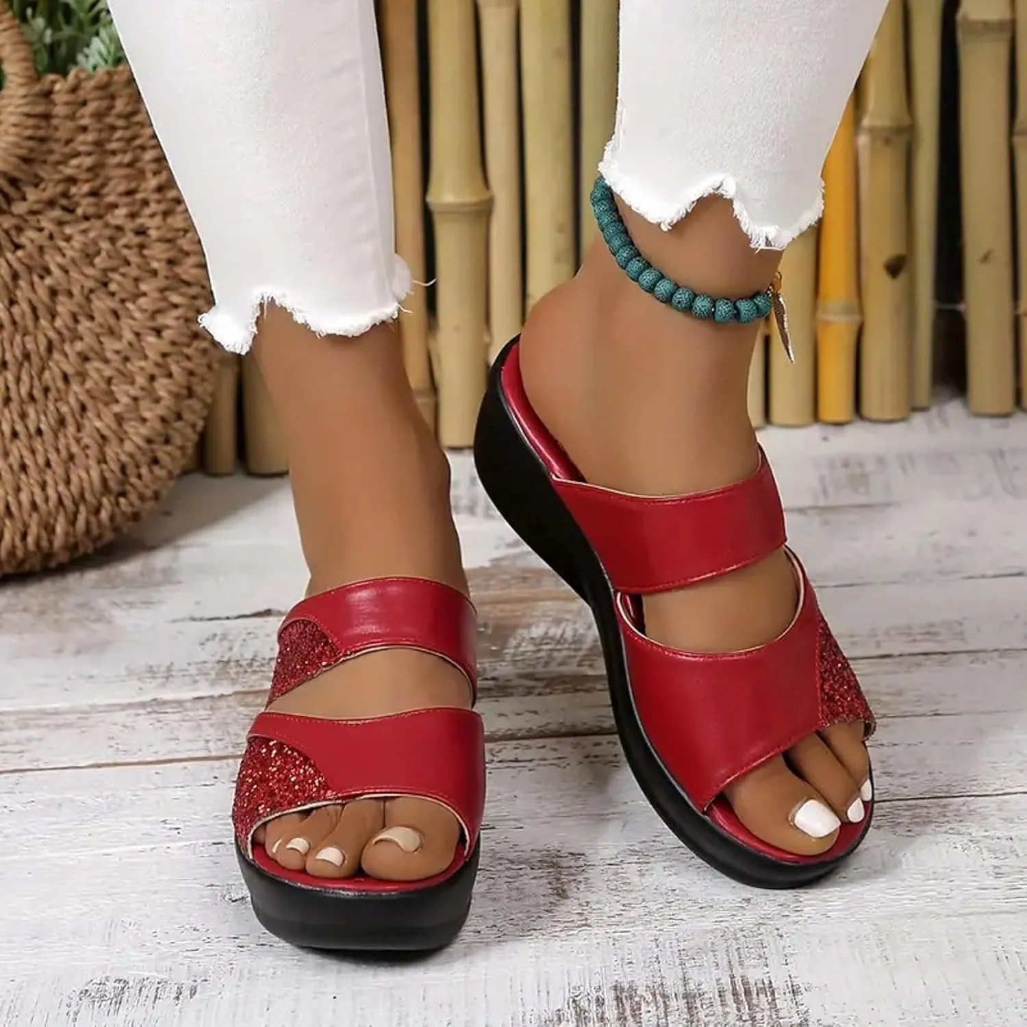 Flatform Open Toe Beach Sandals Women's Thick Soled Slippers Fashionable And Casual Shiny Fish Mouth Strap Slingback