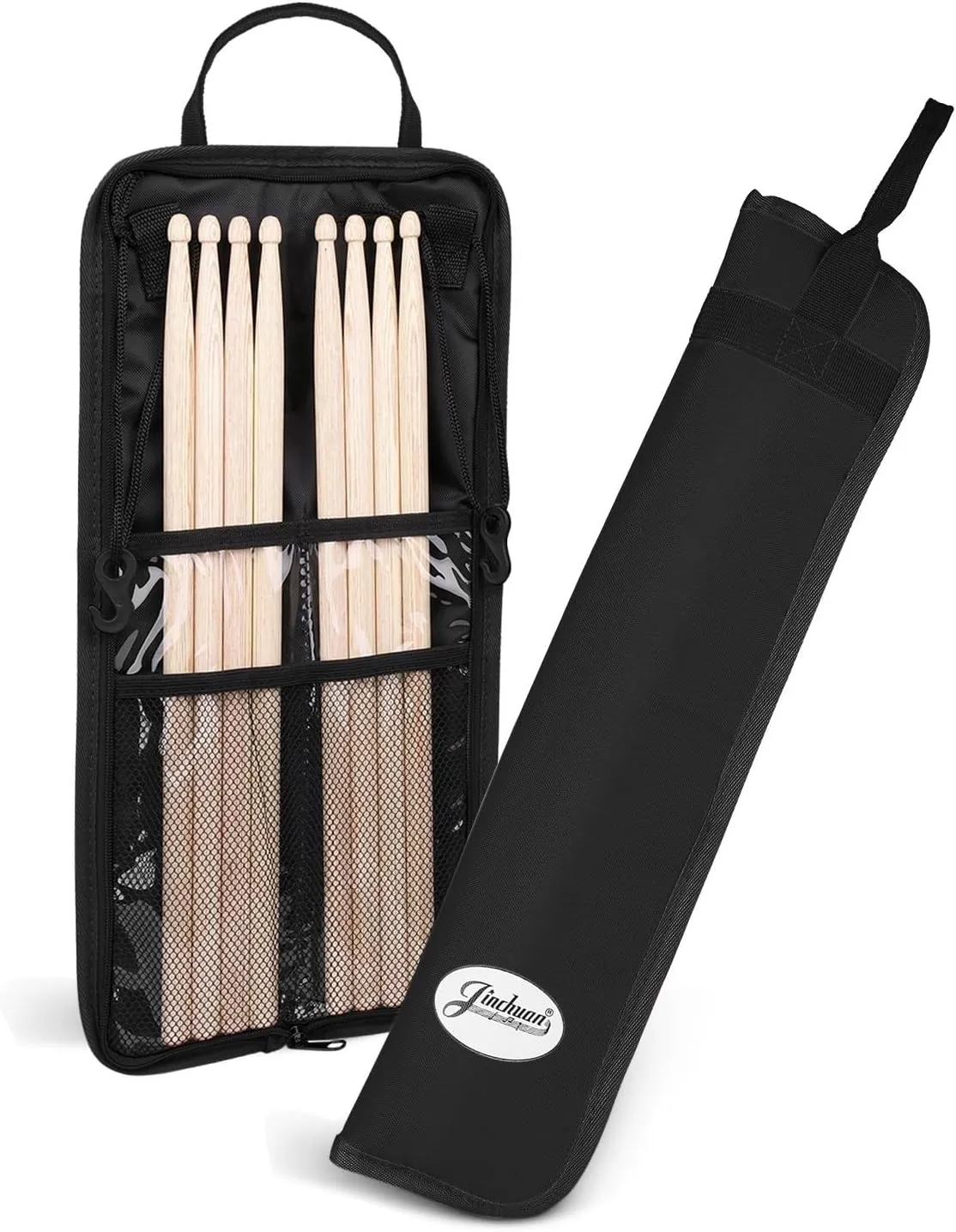 Flexzion Drum Stick Bag Percussion Music Drum Accessories Case with Hook, Card Holder, Adjustable Shoulder Strap Carrying Handle 4 Pairs Kid Drum Sticks Holder Water-Resistant Bag Fabric, Black