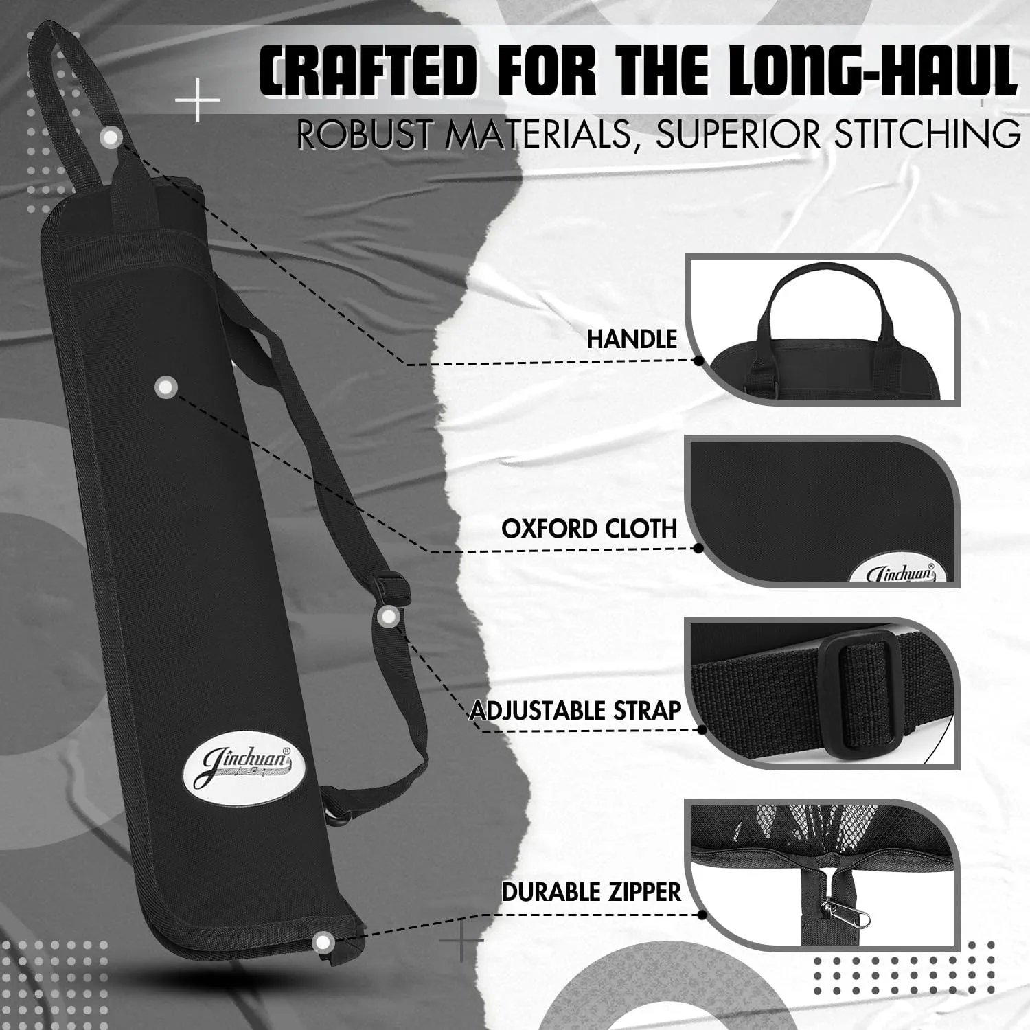 Flexzion Drum Stick Bag Percussion Music Drum Accessories Case with Hook, Card Holder, Adjustable Shoulder Strap Carrying Handle 4 Pairs Kid Drum Sticks Holder Water-Resistant Bag Fabric, Black