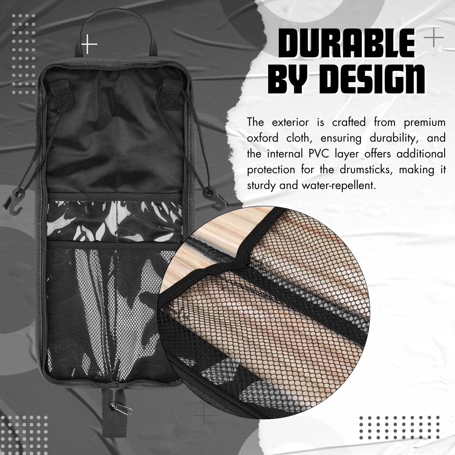 Flexzion Drum Stick Bag Percussion Music Drum Accessories Case with Hook, Card Holder, Adjustable Shoulder Strap Carrying Handle 4 Pairs Kid Drum Sticks Holder Water-Resistant Bag Fabric, Black