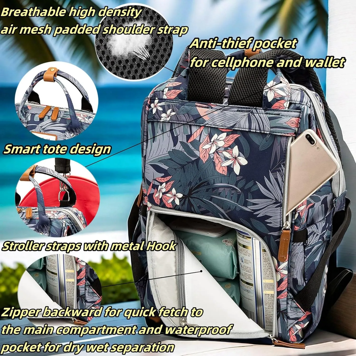 Floral Diaper Bag Backpack with USB Charging Port Stroller Straps and Insulated Pocket,Travel Nappy BackpackFor Women/Mum (Flower Pattern)