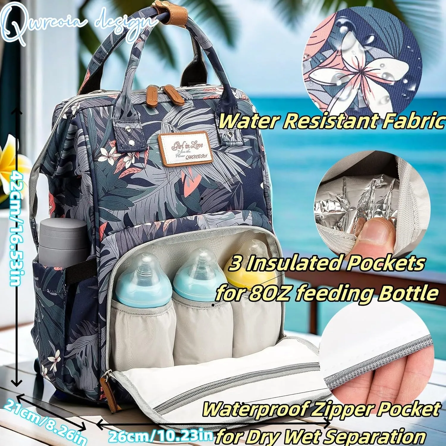 Floral Diaper Bag Backpack with USB Charging Port Stroller Straps and Insulated Pocket,Travel Nappy BackpackFor Women/Mum (Flower Pattern)