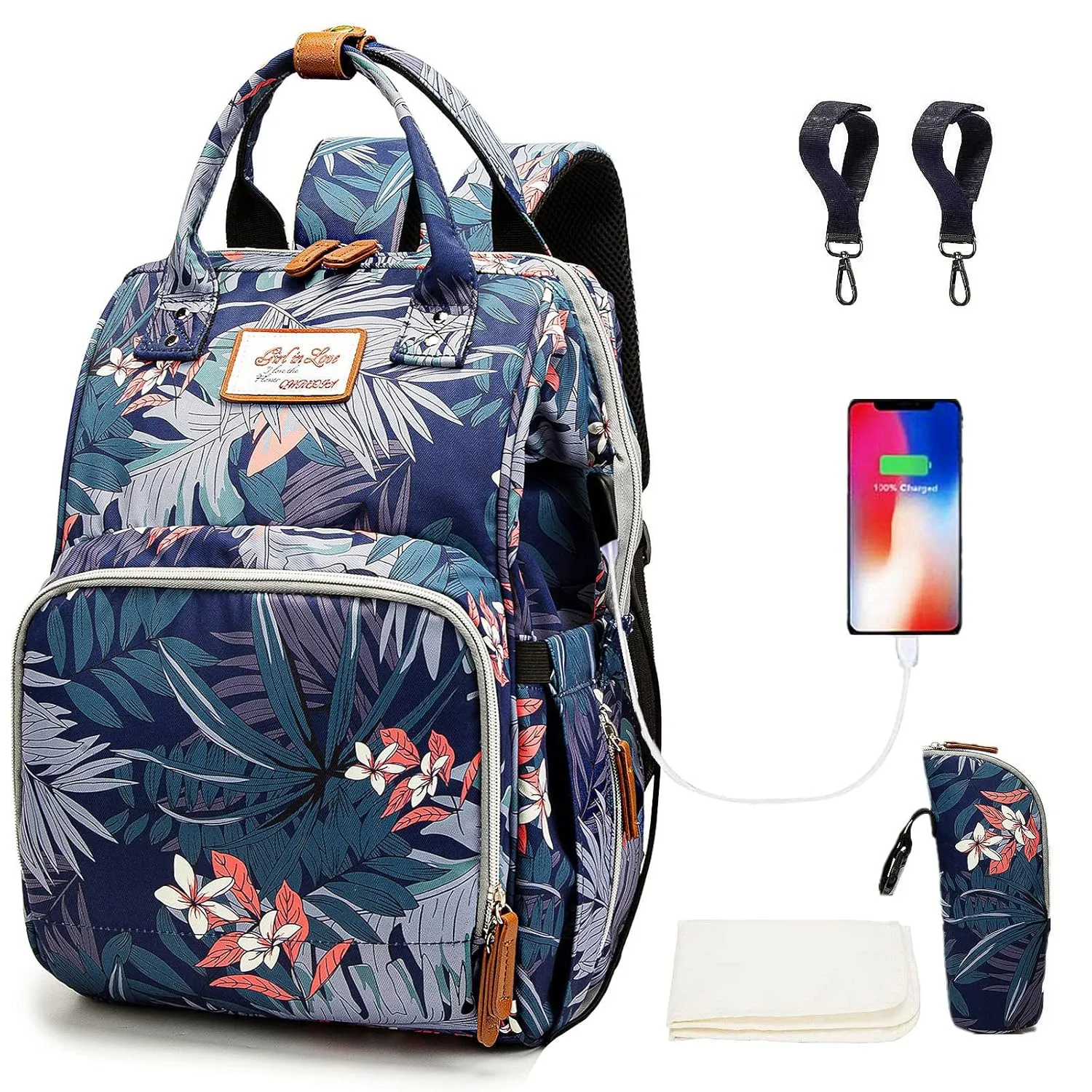 Floral Diaper Bag Backpack with USB Charging Port Stroller Straps and Insulated Pocket,Travel Nappy BackpackFor Women/Mum (Flower Pattern)