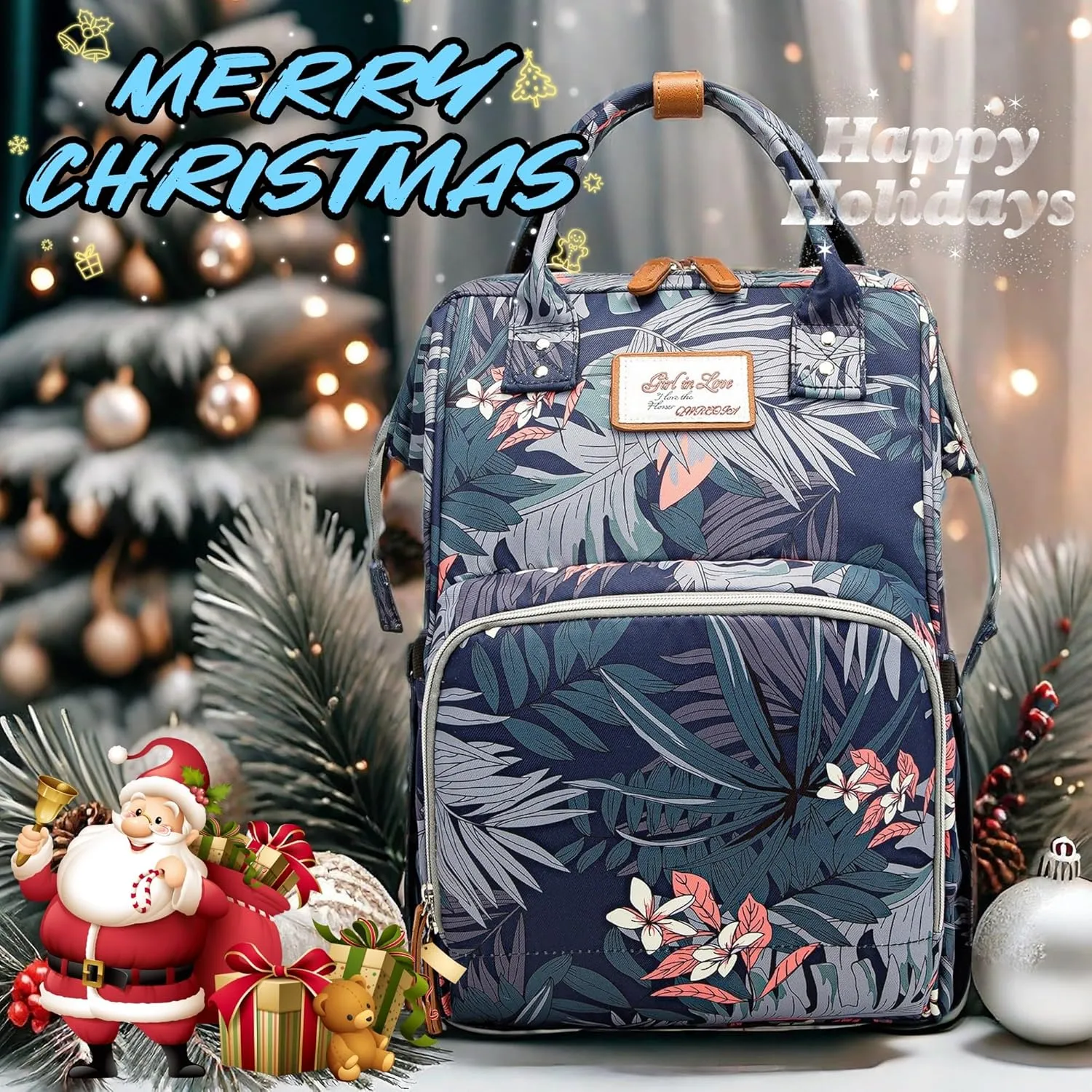 Floral Diaper Bag Backpack with USB Charging Port Stroller Straps and Insulated Pocket,Travel Nappy BackpackFor Women/Mum (Flower Pattern)