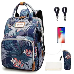 Floral Diaper Bag Backpack with USB Charging Port Stroller Straps and Insulated Pocket,Travel Nappy BackpackFor Women/Mum (Flower Pattern)