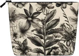 Floral Herbs Botanical Pattern Versatile Travel Toiletry Bag - Fake Hemp Makeup Bag, Perfect for Daily Use & Business Trips