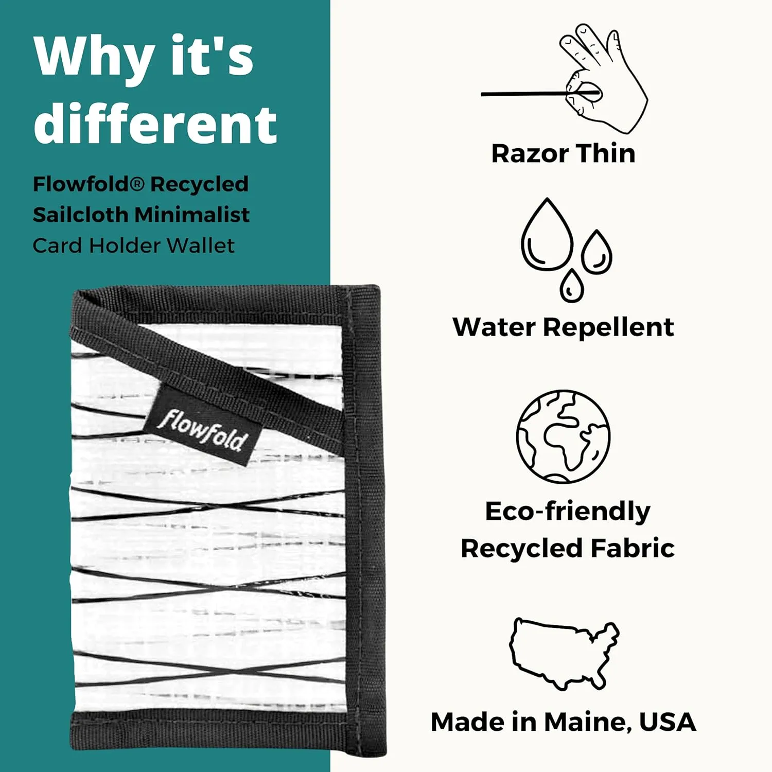 Flowfold Recycled Sailcloth Minimalist Card Holder Durable Slim Wallet Front Pocket Wallet, Card Holder Wallet Made in USA