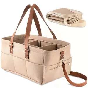 Foldable Baby Diaper Caddy with Leather Handles & Dividers