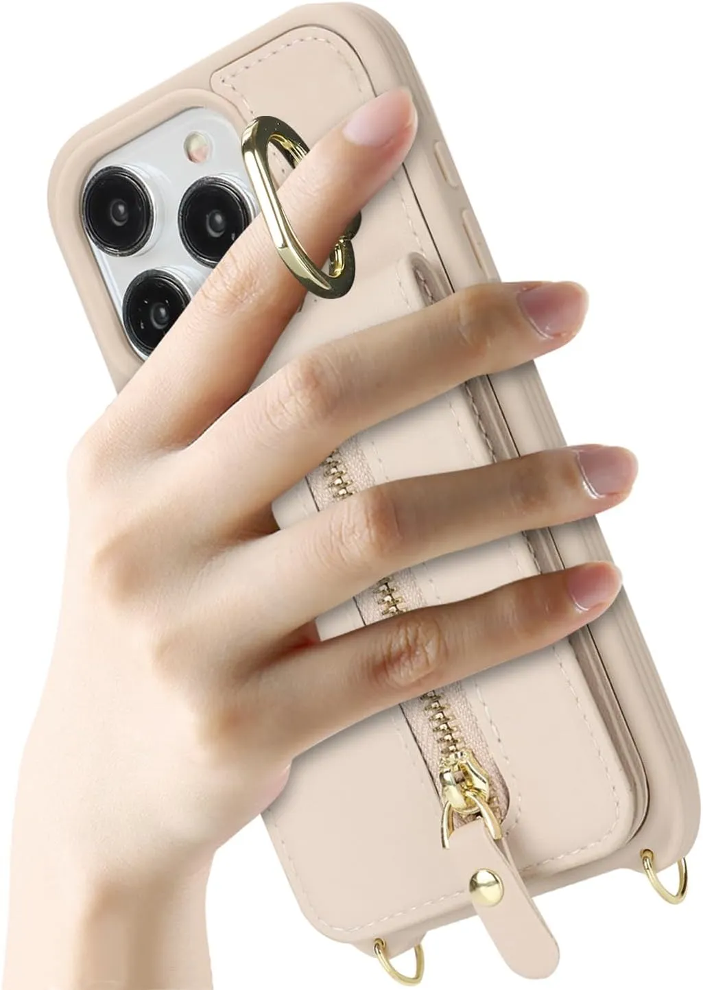 for iPhone 15 Pro Wallet Case with Card Holder, for iPhone 15 Pro Case Wallet with Strap Credit Card Slot, Crossbody Bag with Zipper Case for iPhone15 Pro - Warm White