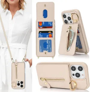 for iPhone 15 Pro Wallet Case with Card Holder, for iPhone 15 Pro Case Wallet with Strap Credit Card Slot, Crossbody Bag with Zipper Case for iPhone15 Pro - Warm White